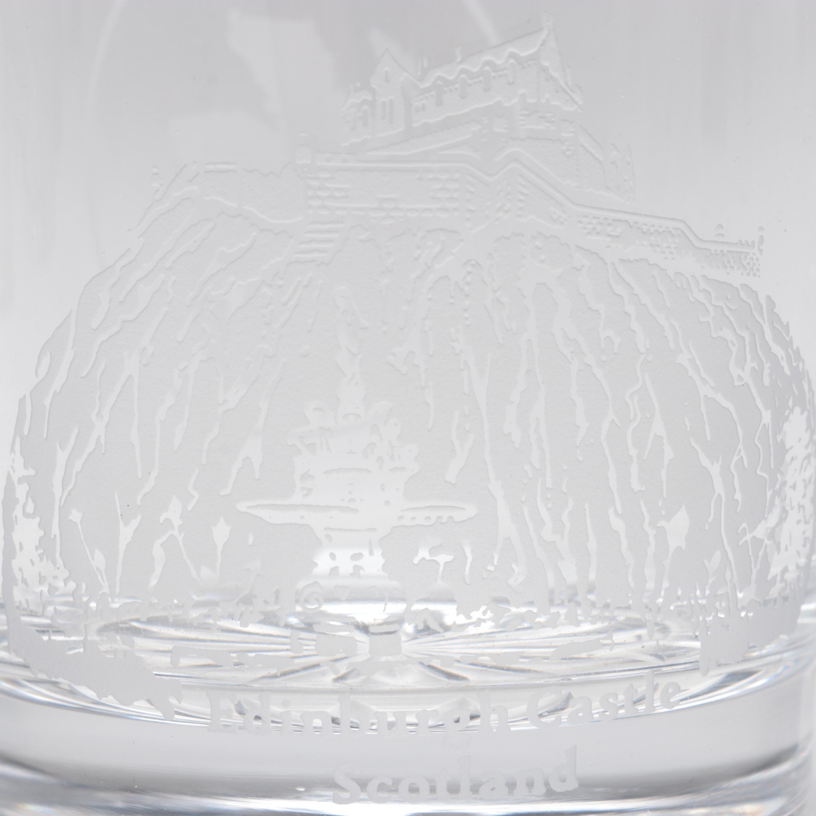 Edinburgh Crystal Double Old Fashioned Etched Scottish Castles, 20th C