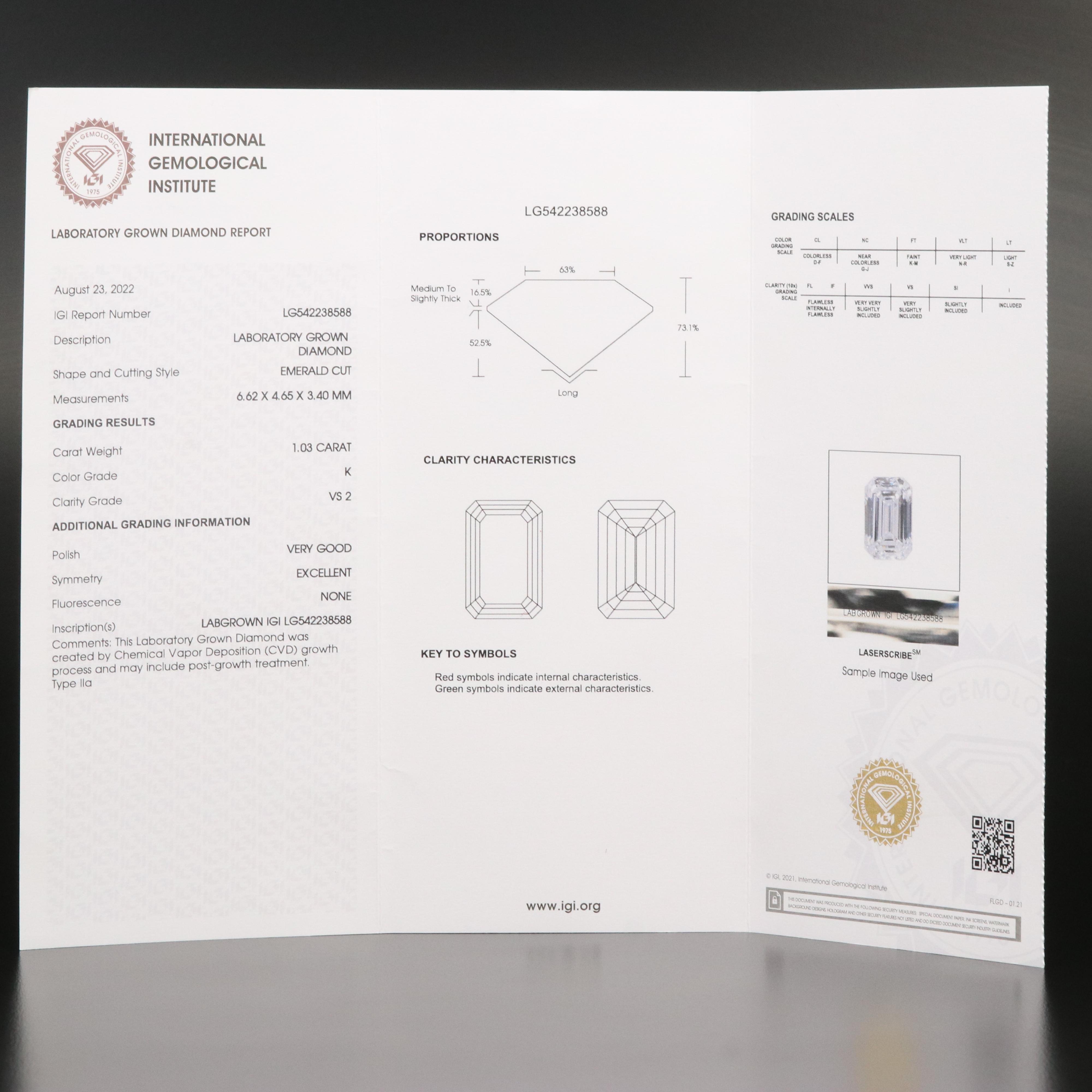 Loose 1.03 CT Lab Grown Diamond with IGI Report