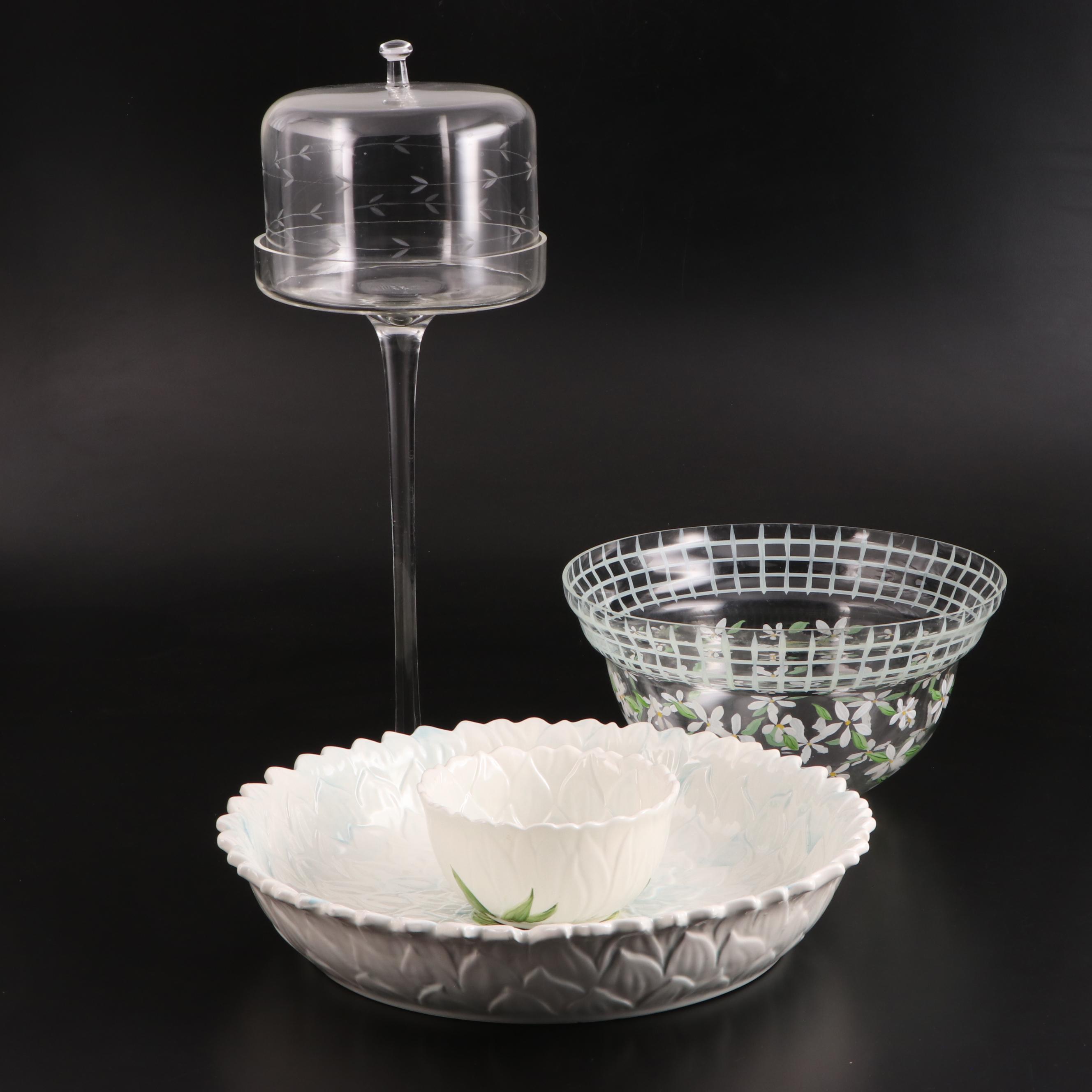 Mikasa Bowl and Platter with Etched Lidded Stand and Painted Bowl