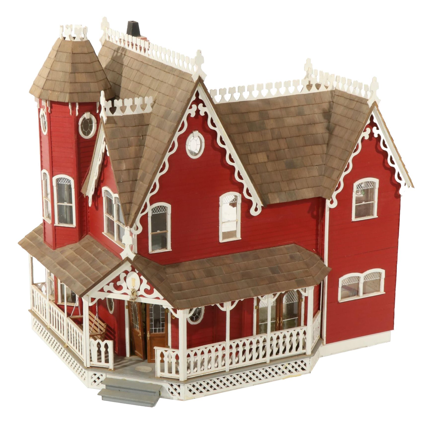 Handcrafted Wooden Doll House With Accessories, 20th Century