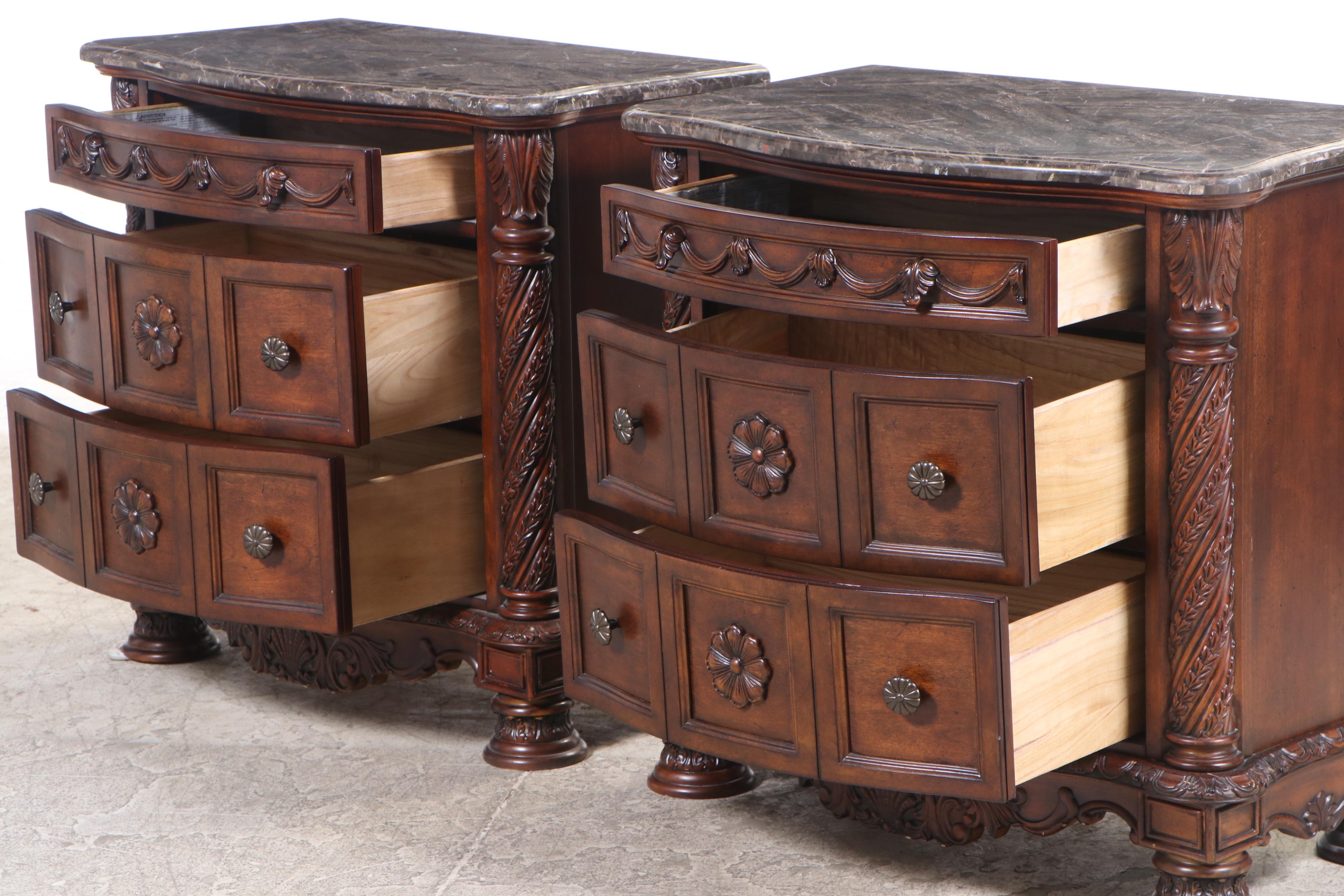 Pair of Ashley Furniture "North Shore" Marble-Top Three-Drawer Nightstands