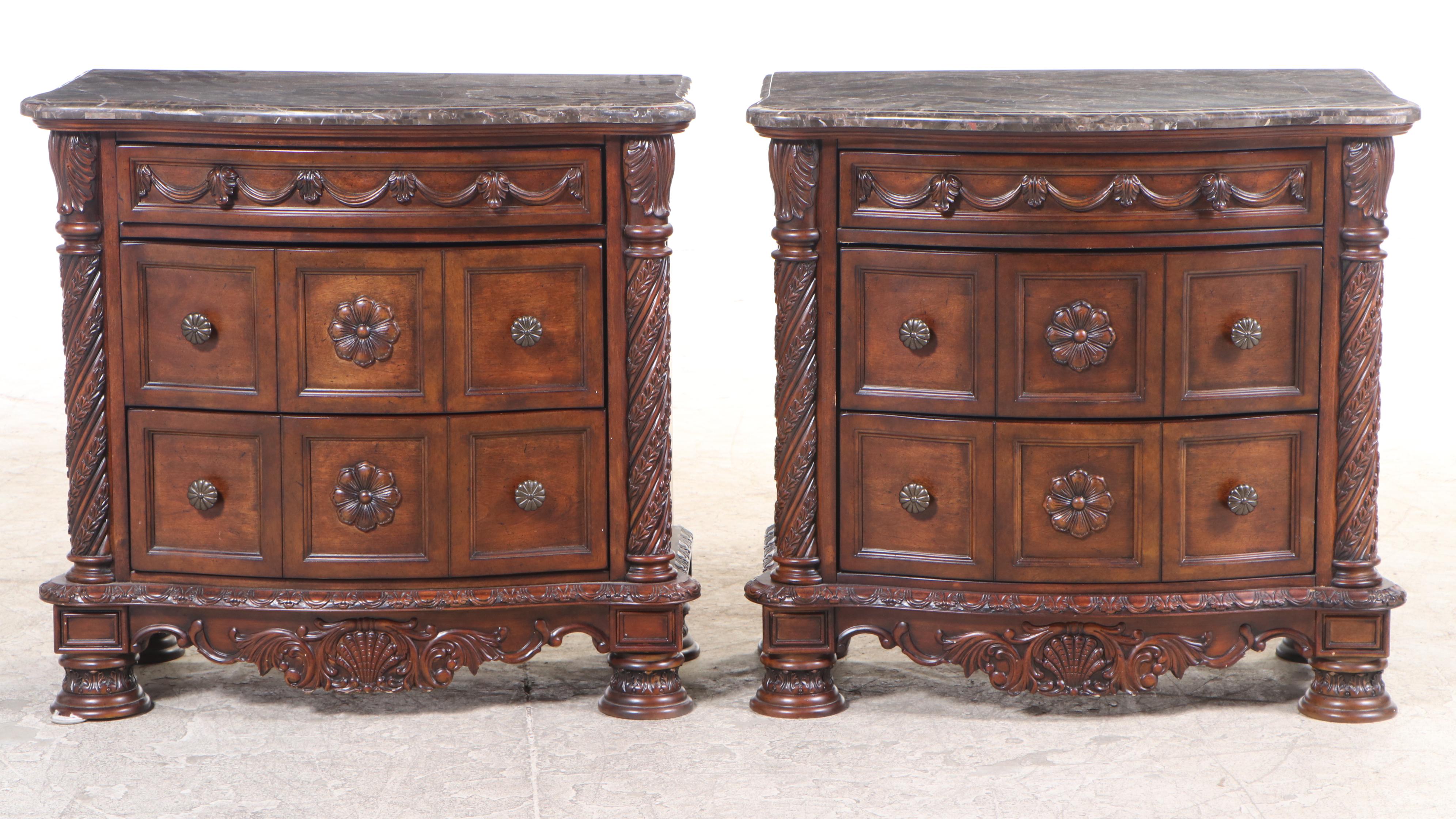 Pair of Ashley Furniture "North Shore" Marble-Top Three-Drawer Nightstands