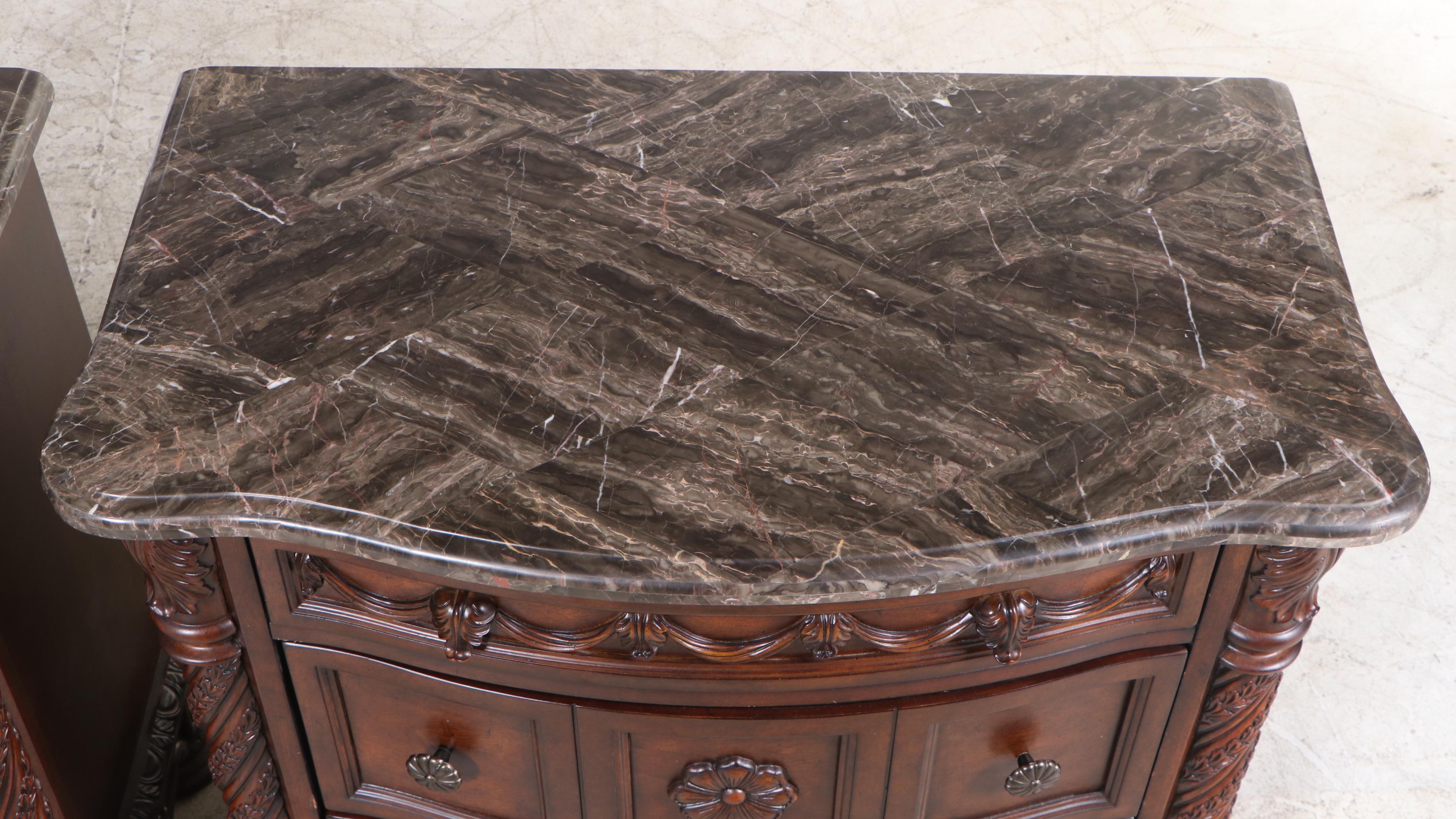 Pair of Ashley Furniture "North Shore" Marble-Top Three-Drawer Nightstands