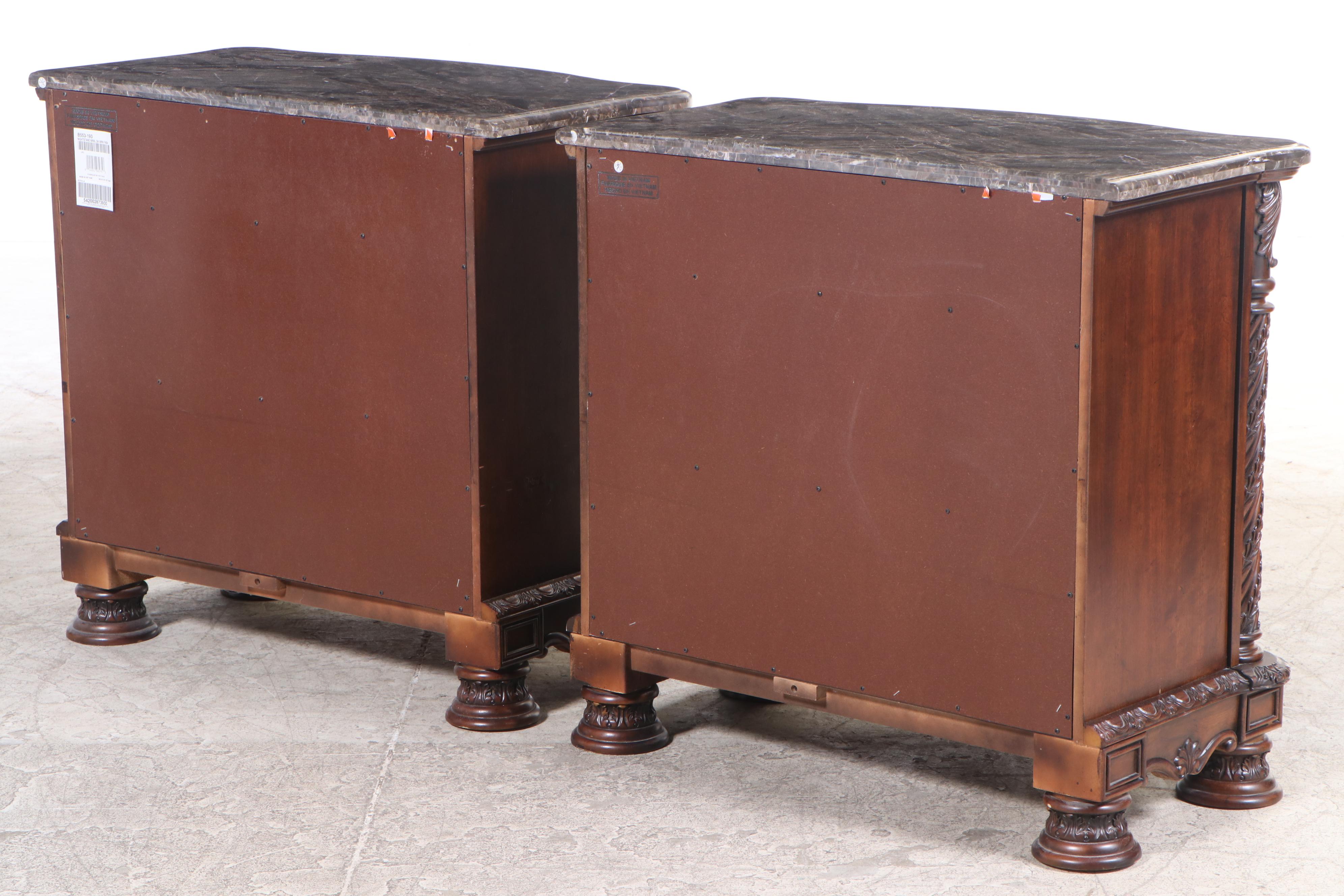 Pair of Ashley Furniture "North Shore" Marble-Top Three-Drawer Nightstands