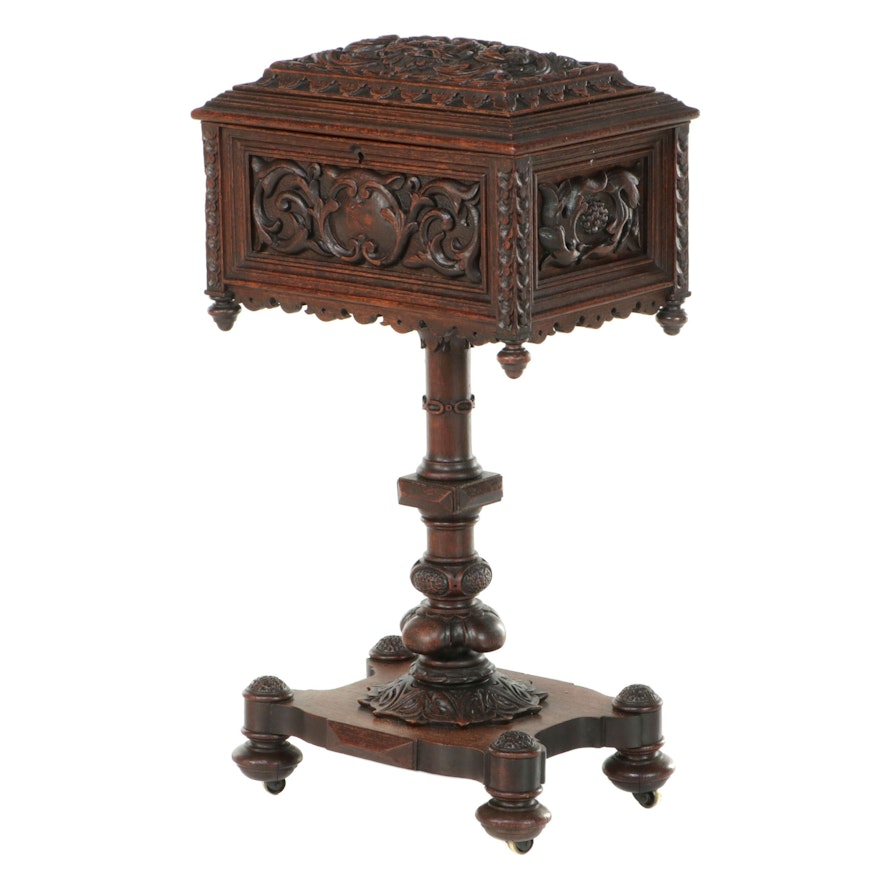 Victorian Elizabethan Revival Carved Oak Teapoy, Circa 1870