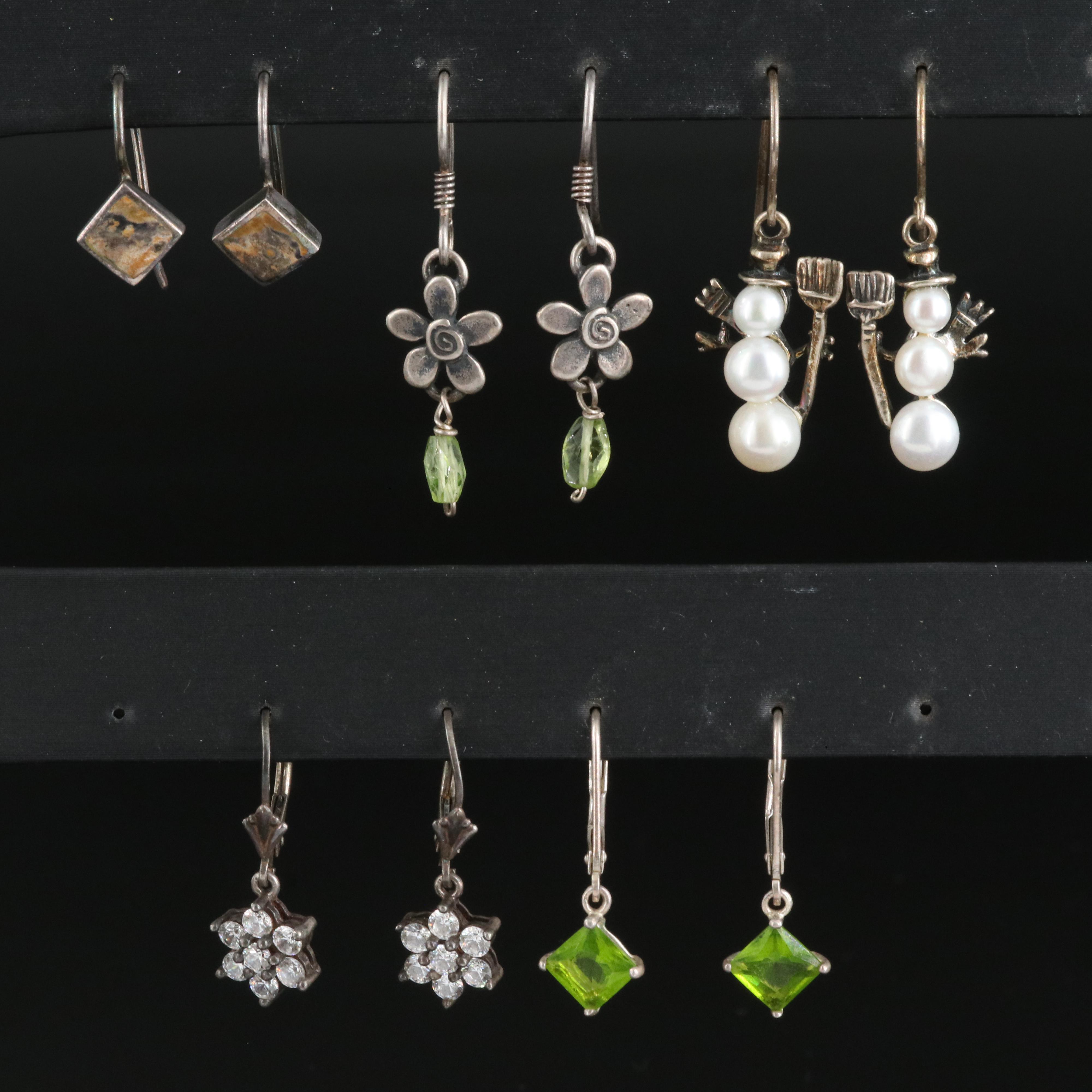 Sterling Drop Earrings Featuring Jasper, Pearl and Cubic Zirconia