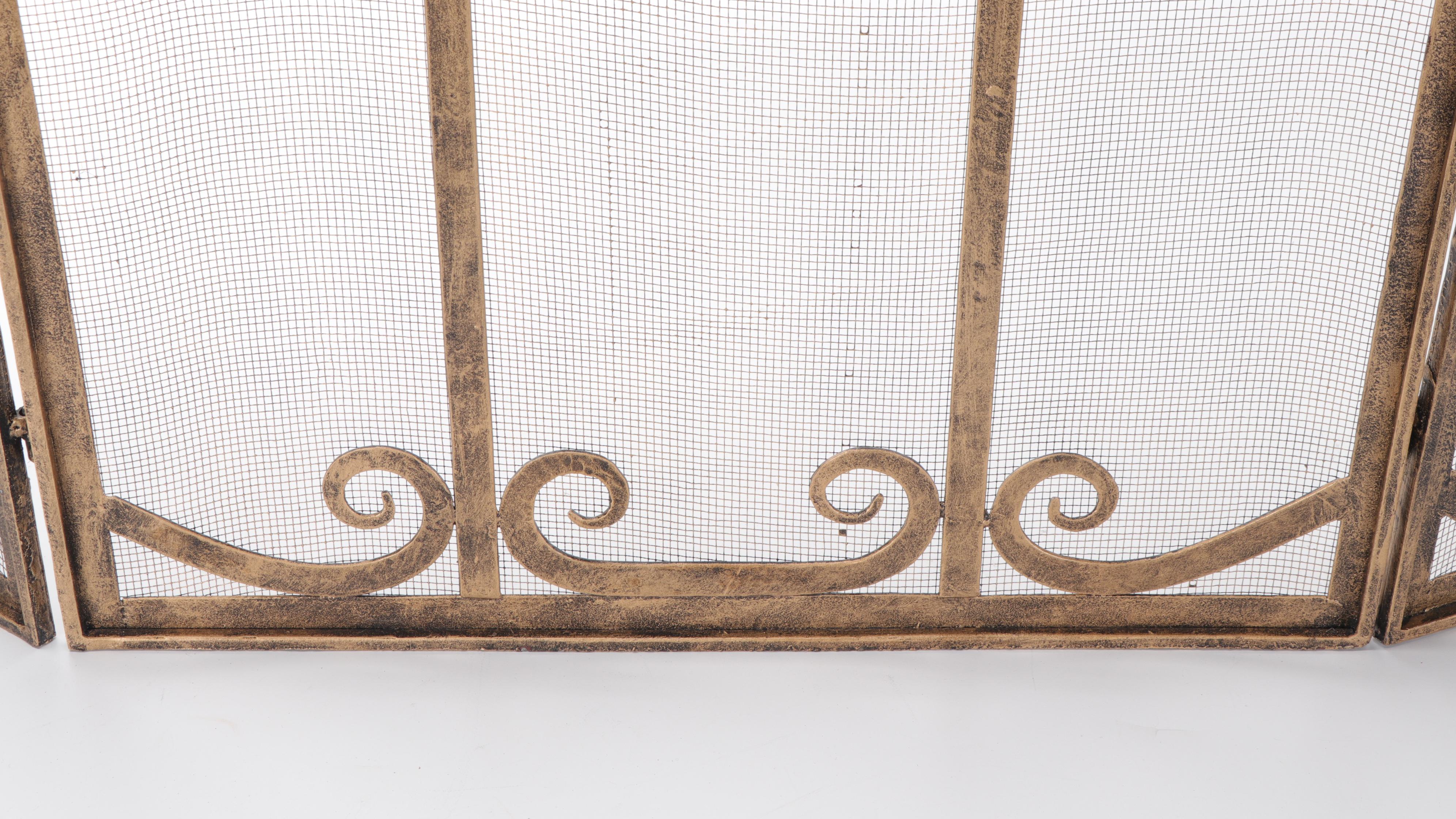 Brass and Mesh Hinged Three-Panel Fireplace Screen
