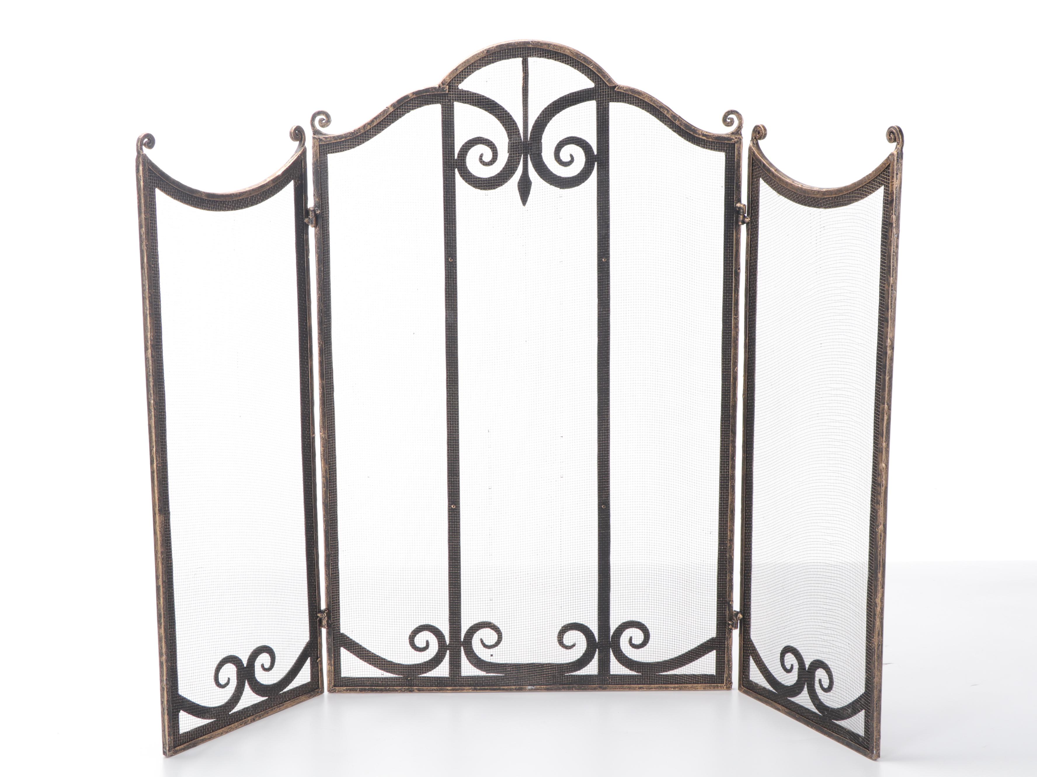Brass and Mesh Hinged Three-Panel Fireplace Screen