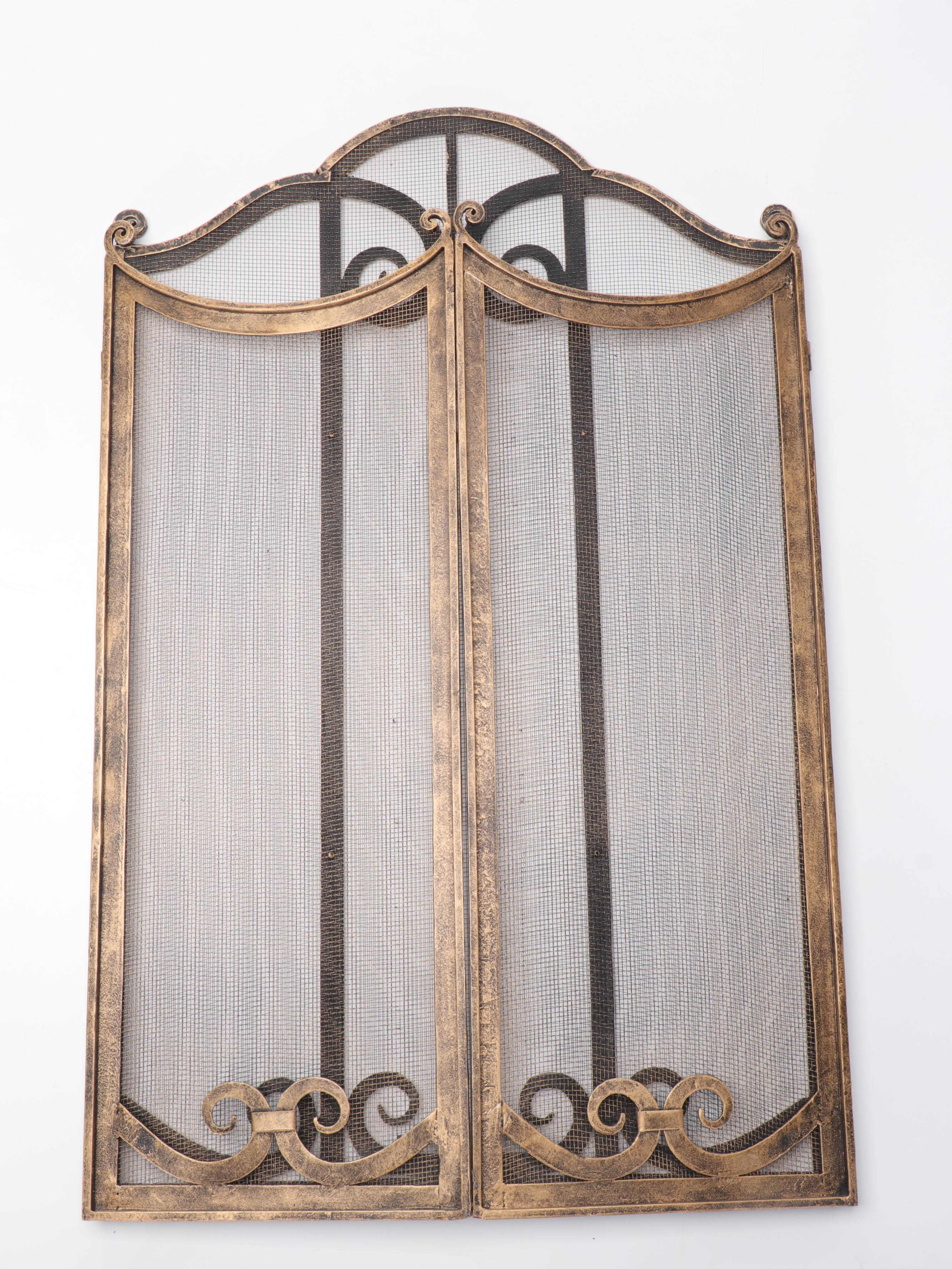Brass and Mesh Hinged Three-Panel Fireplace Screen