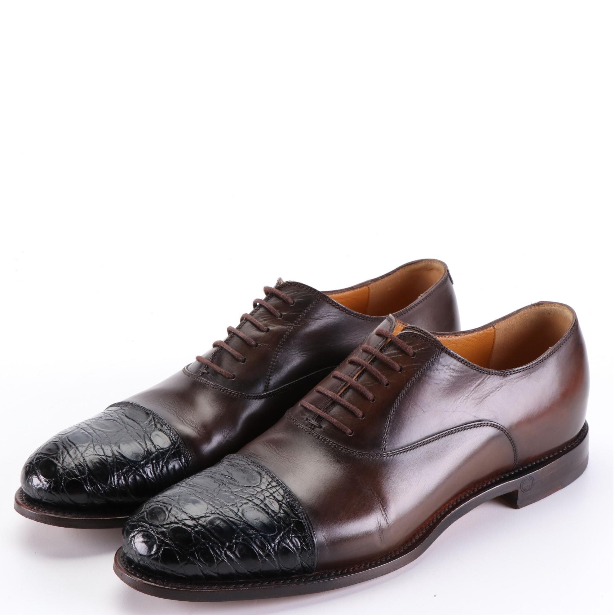 Men's Gucci Crocodile Cap Toe Oxfords in Brown Leather