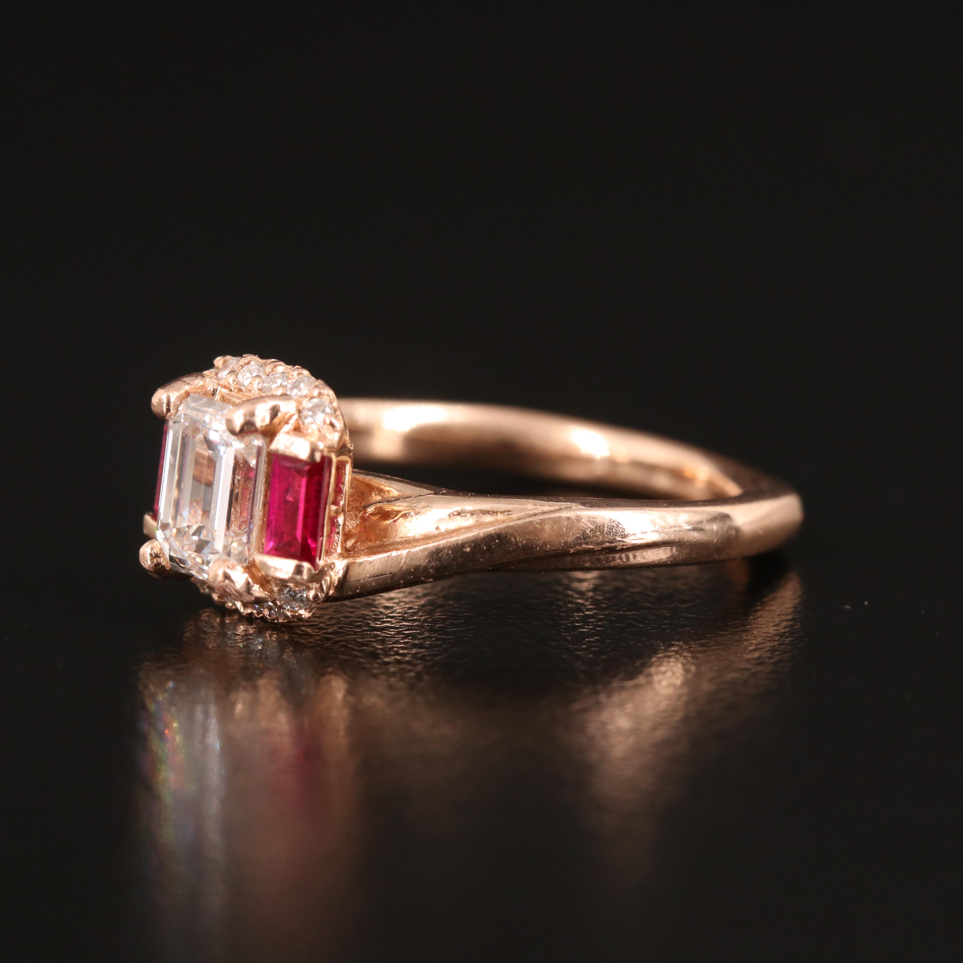 14K Rose Gold Lab Grown Diamond and Ruby Ring with Euro Shank