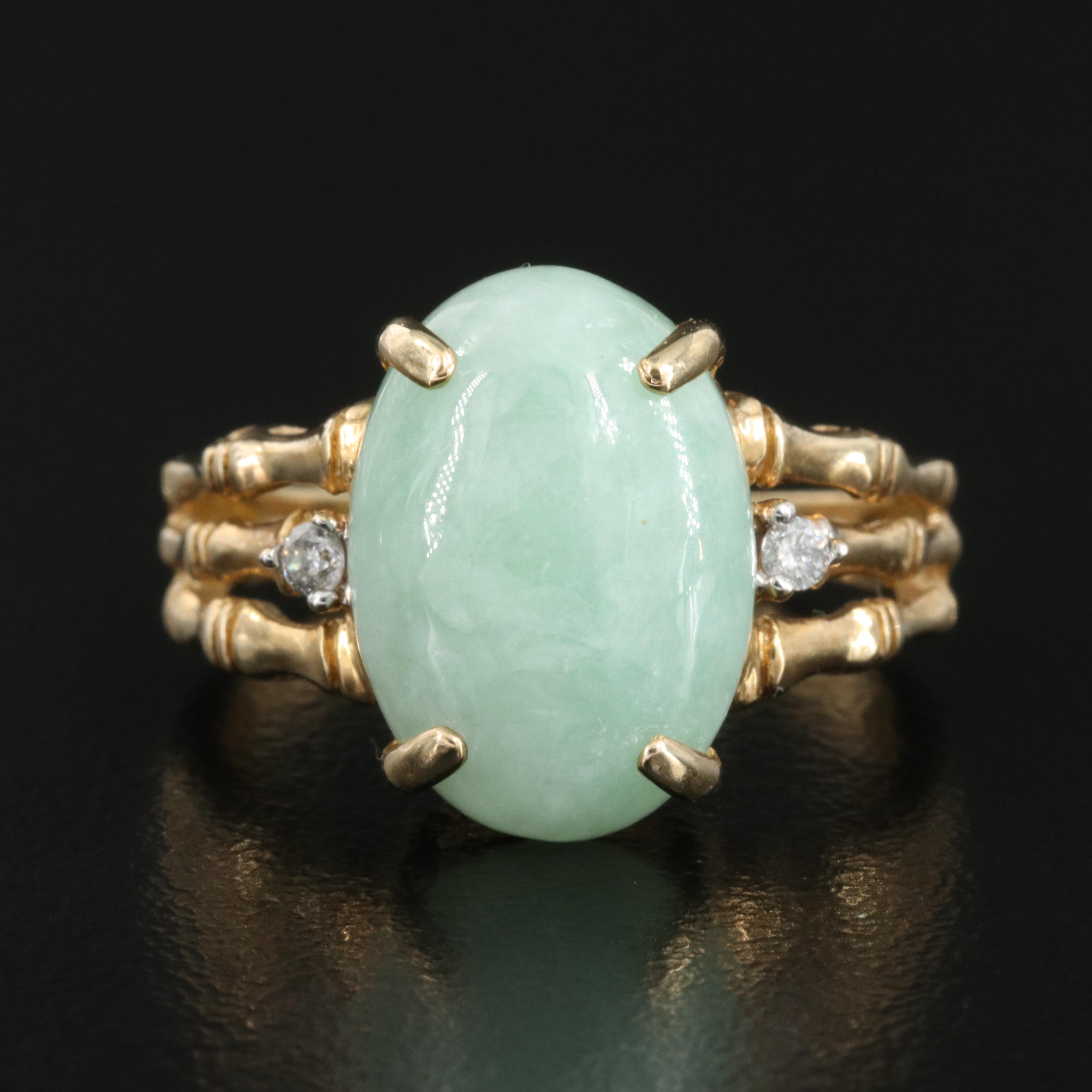 10K Jadeite and Diamond Bamboo Style Ring