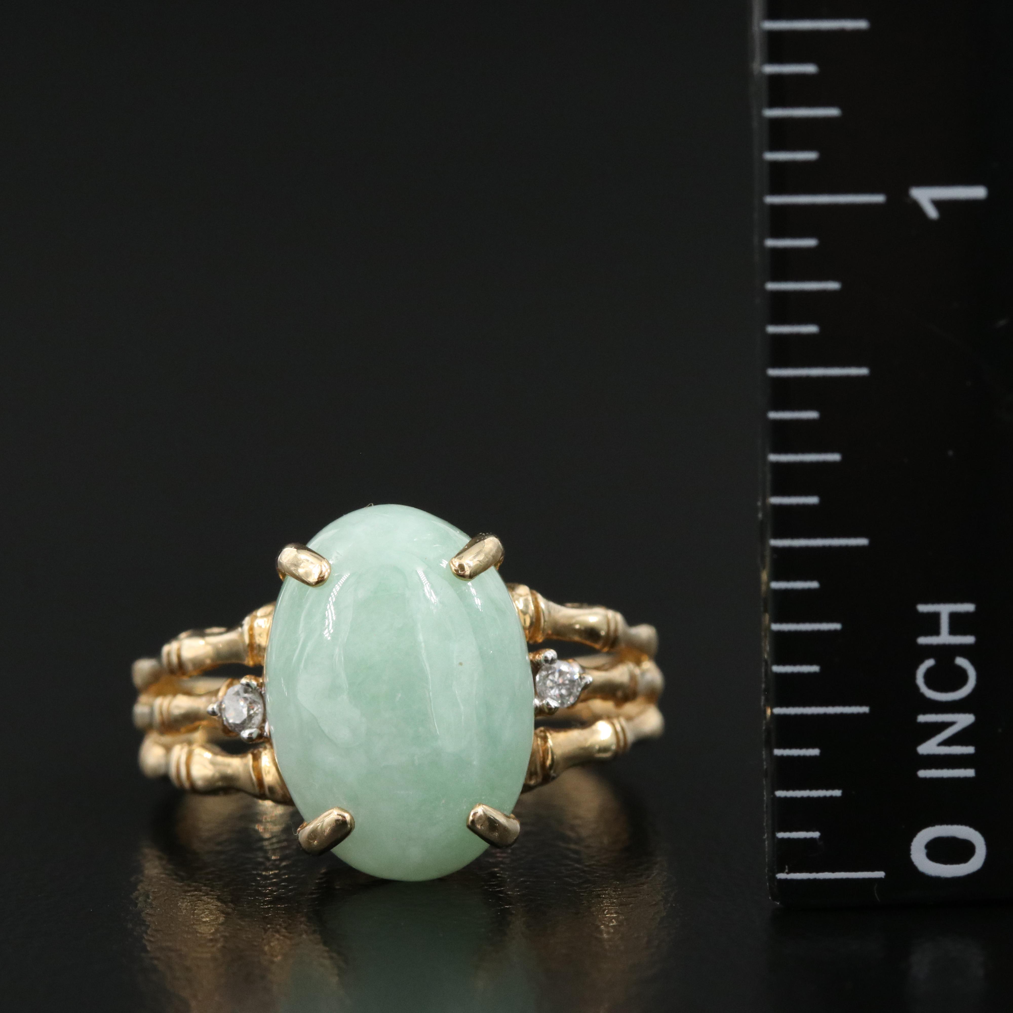 10K Jadeite and Diamond Bamboo Style Ring