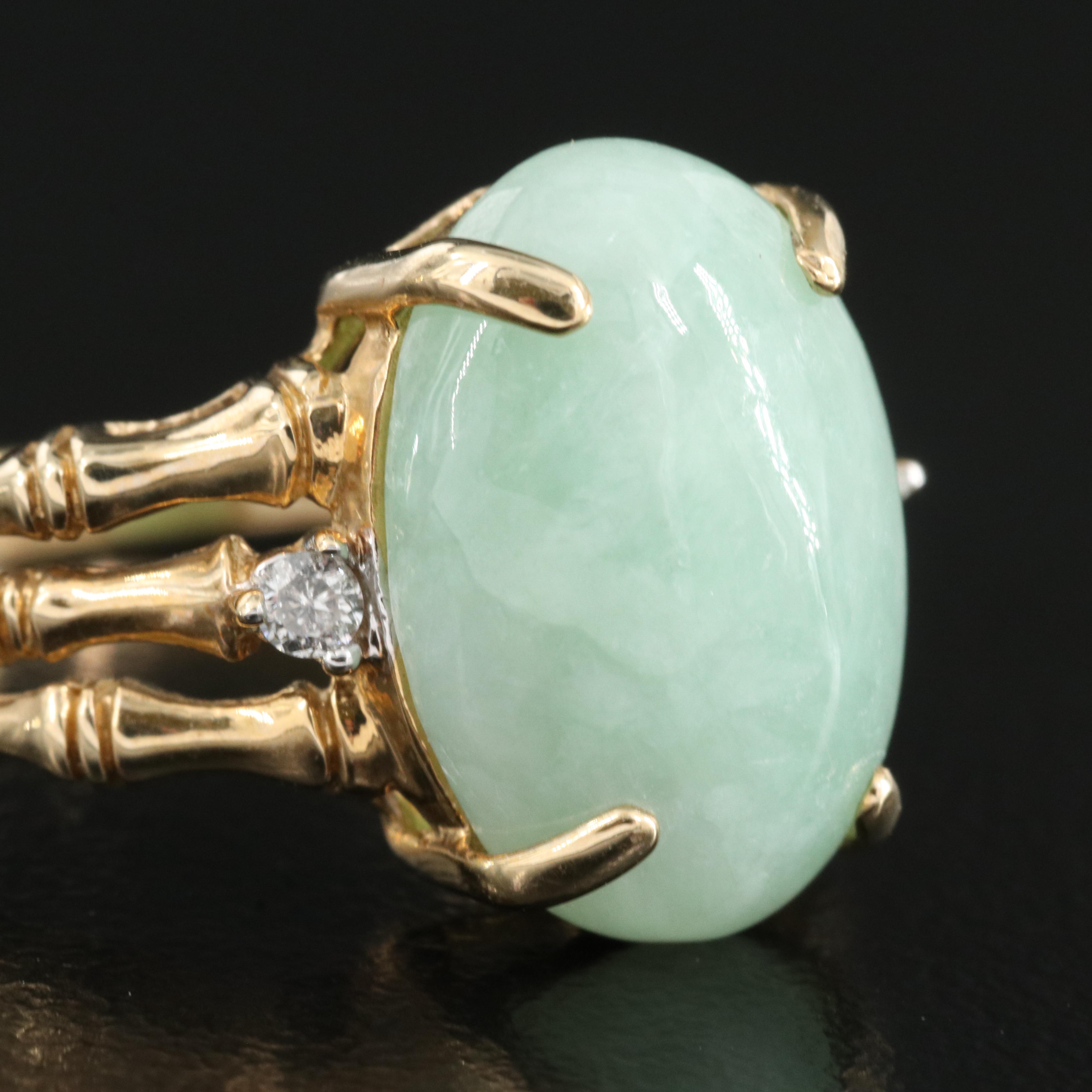 10K Jadeite and Diamond Bamboo Style Ring