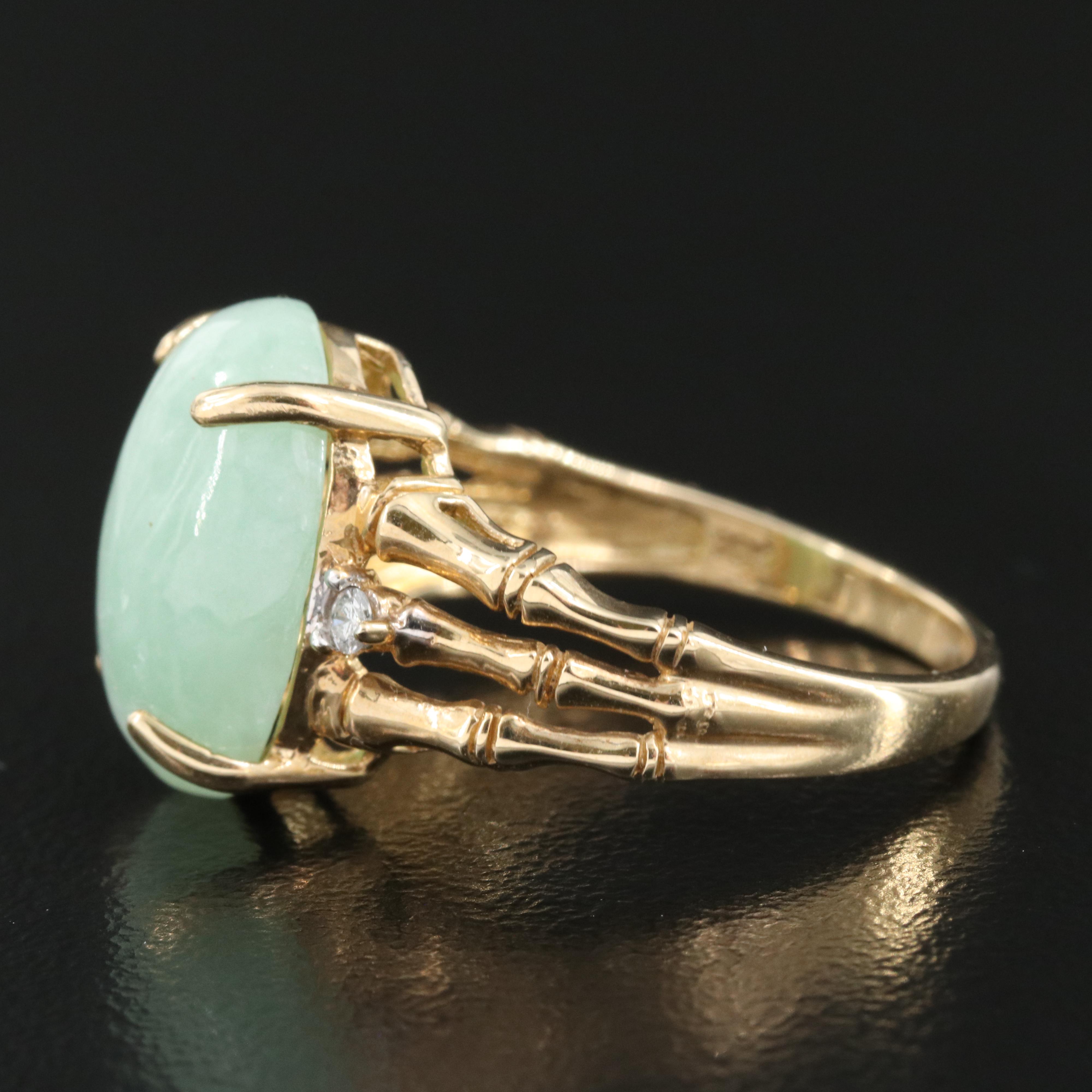 10K Jadeite and Diamond Bamboo Style Ring