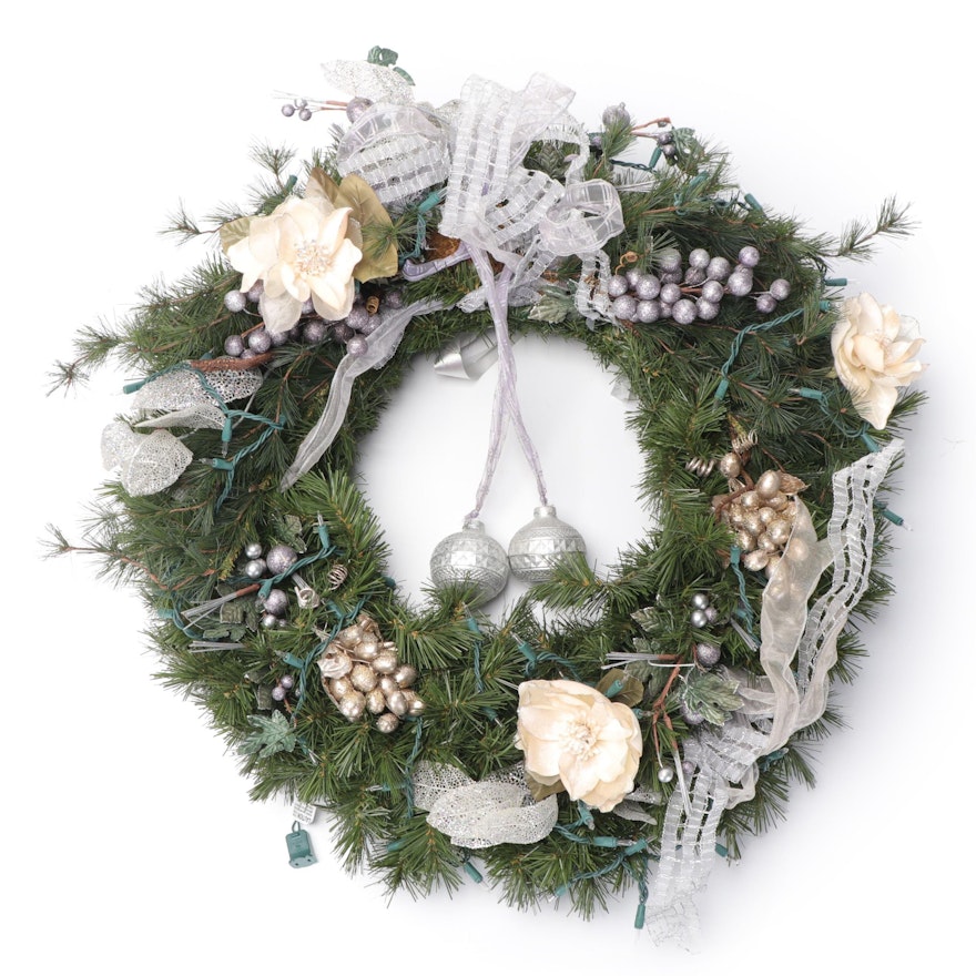 Illuminated Silver Ornamented Wreath