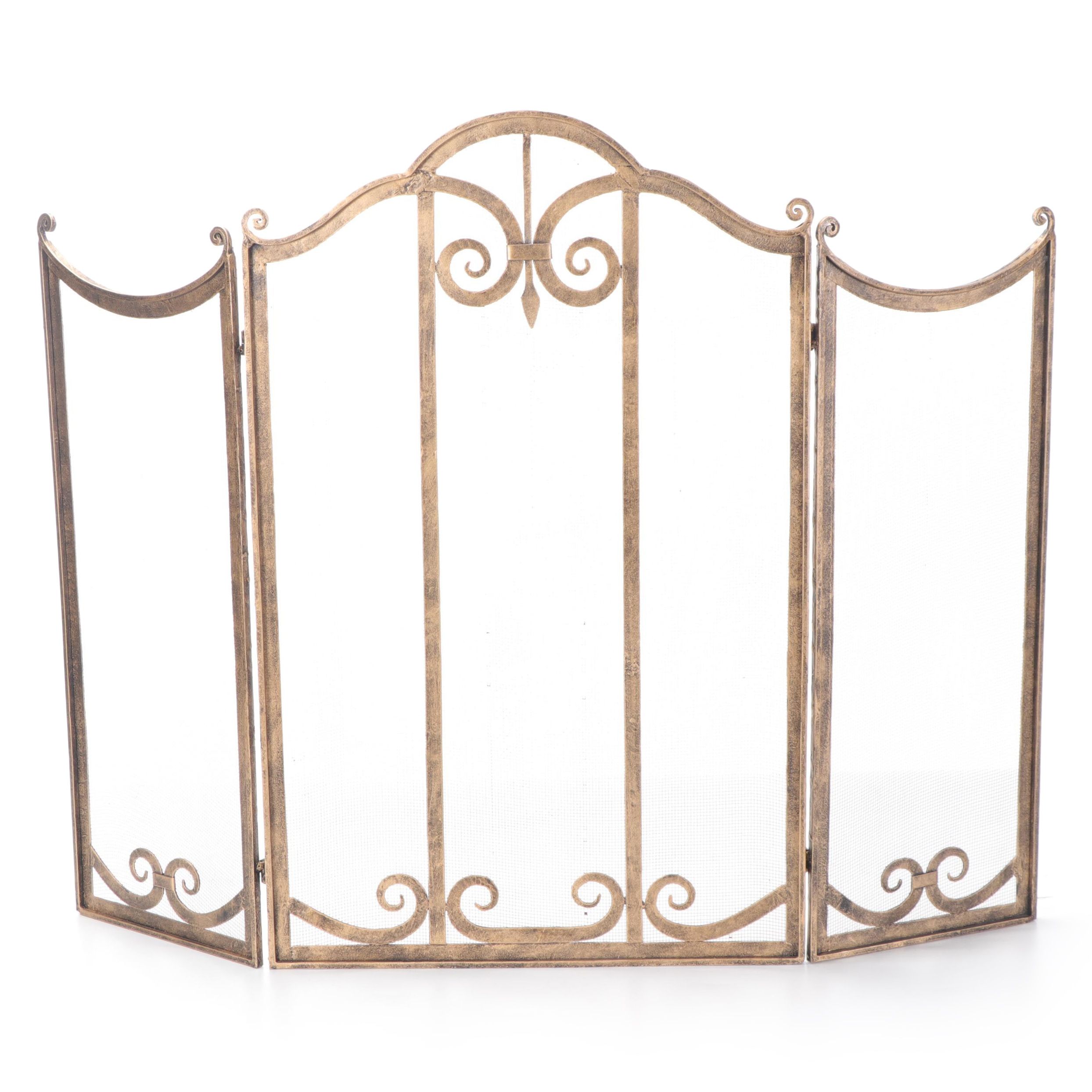 Brass and Mesh Hinged Three-Panel Fireplace Screen