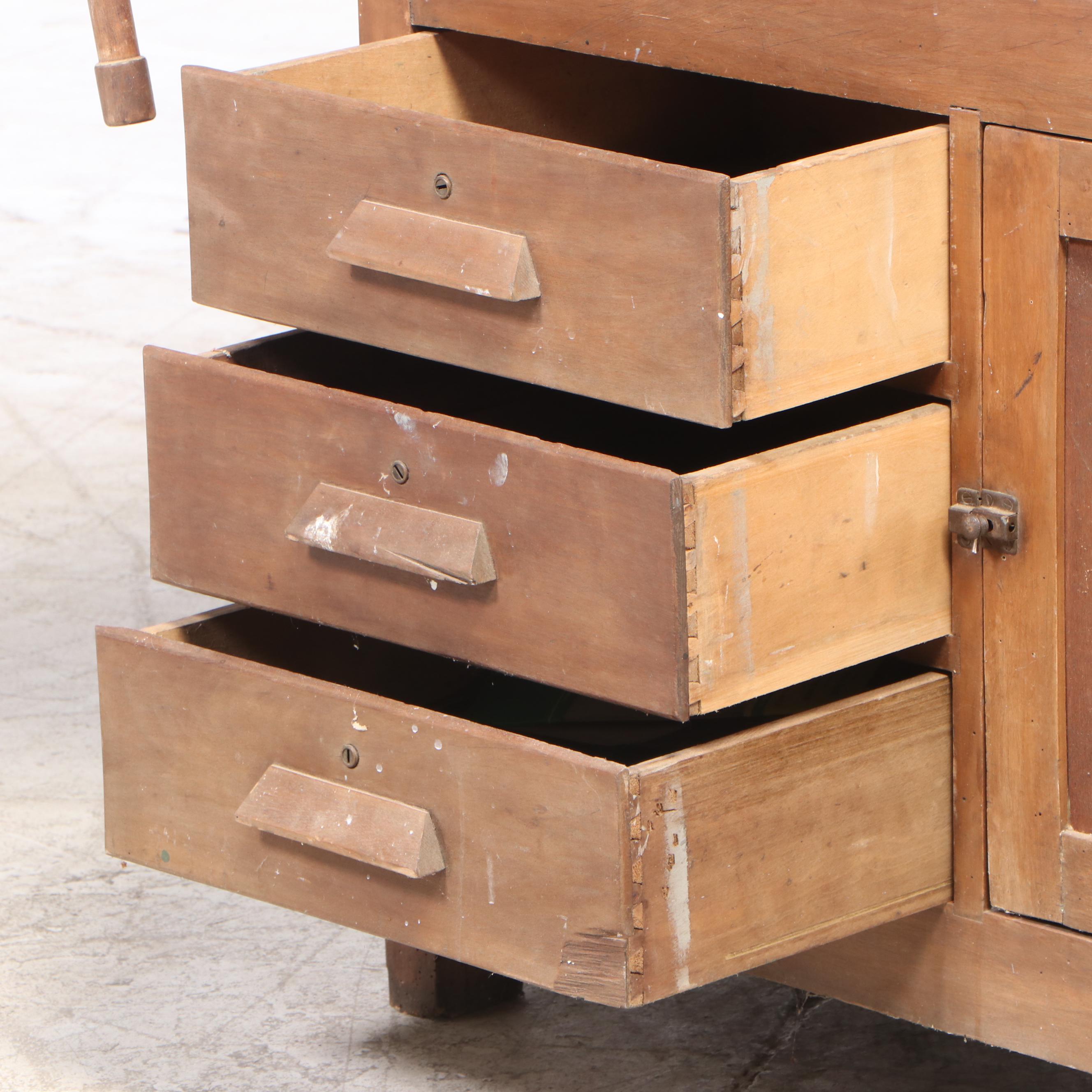 Maple Work Bench with Clamps, Drawers and Cabinet