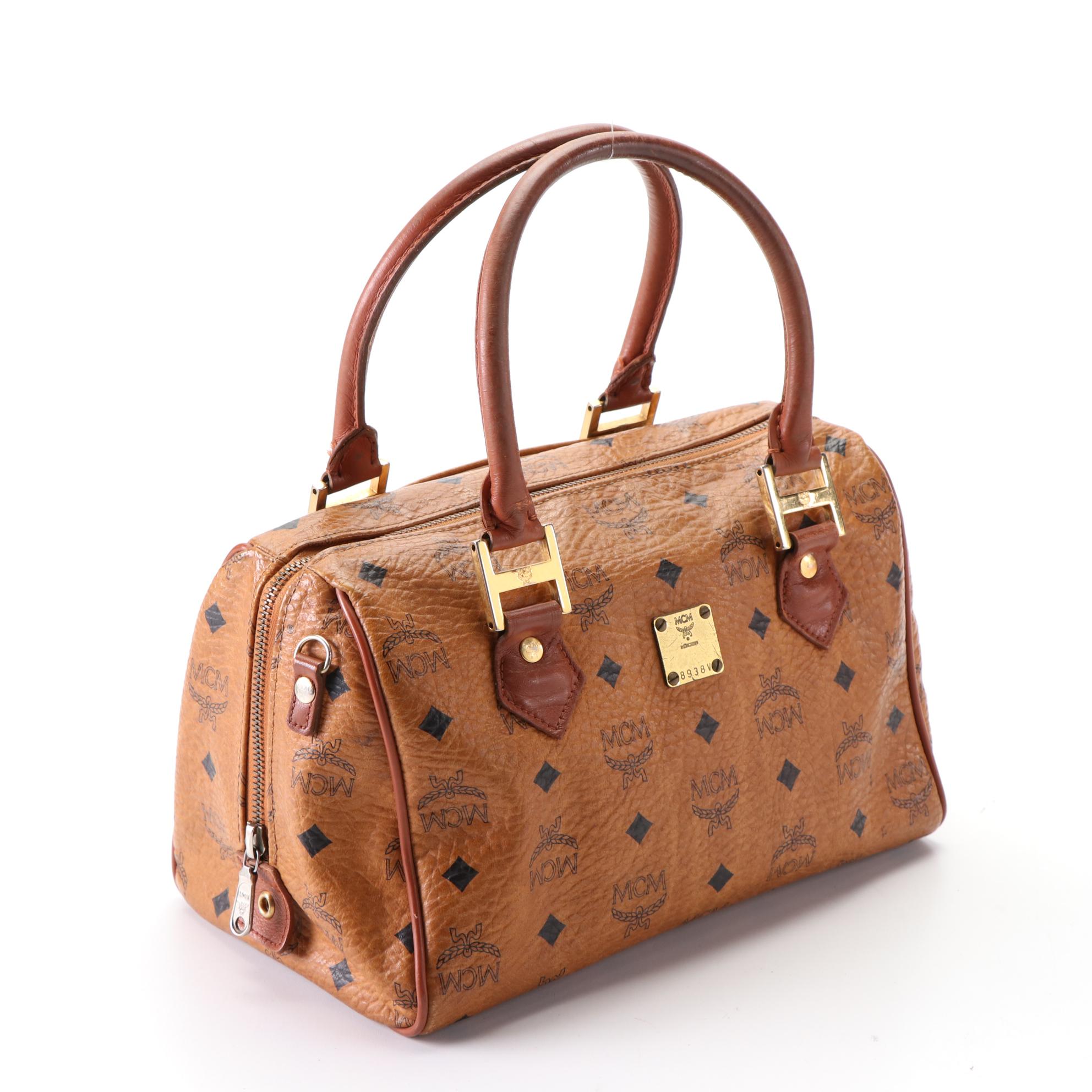 MCM Small Boston Bag in Cognac Monogram Visetos Canvas and Leather
