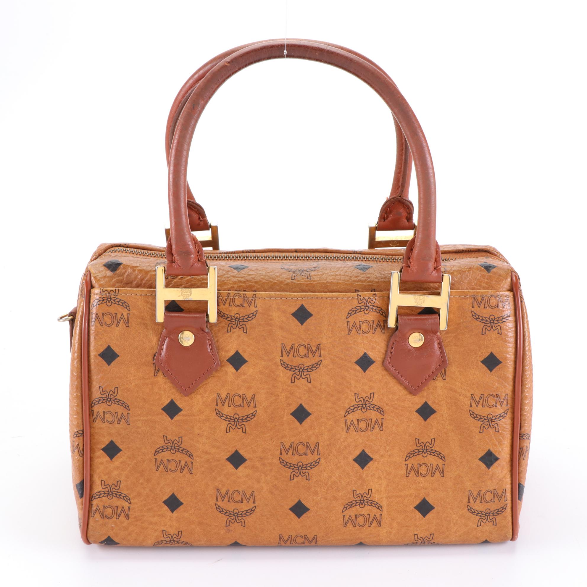 MCM Small Boston Bag in Cognac Monogram Visetos Canvas and Leather