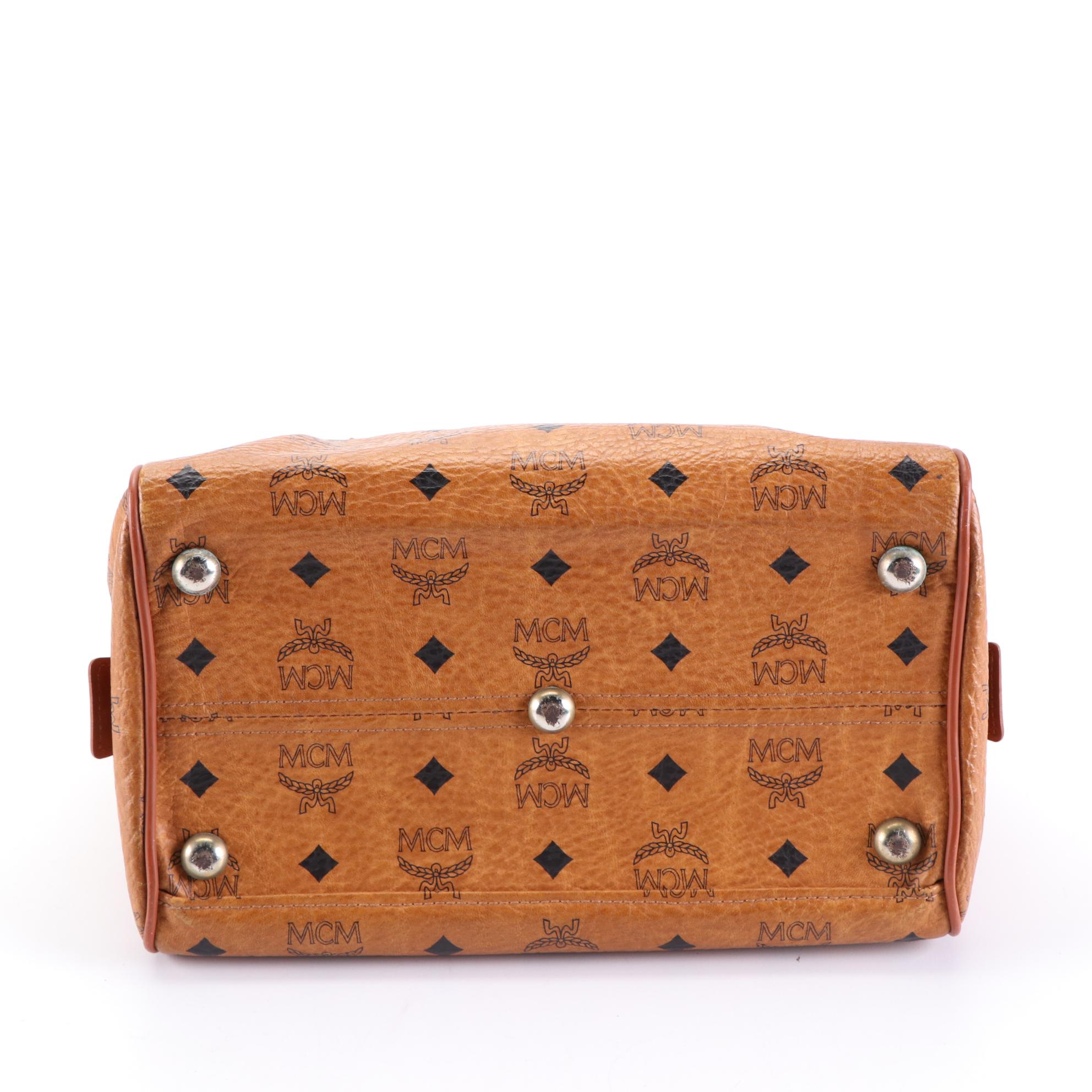 MCM Small Boston Bag in Cognac Monogram Visetos Canvas and Leather