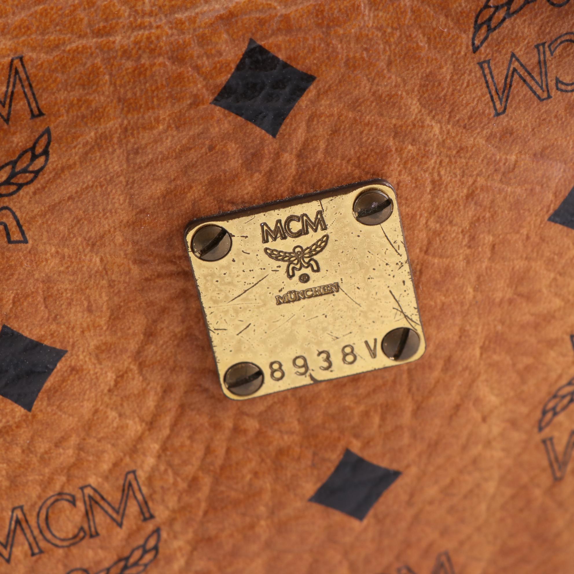 MCM Small Boston Bag in Cognac Monogram Visetos Canvas and Leather