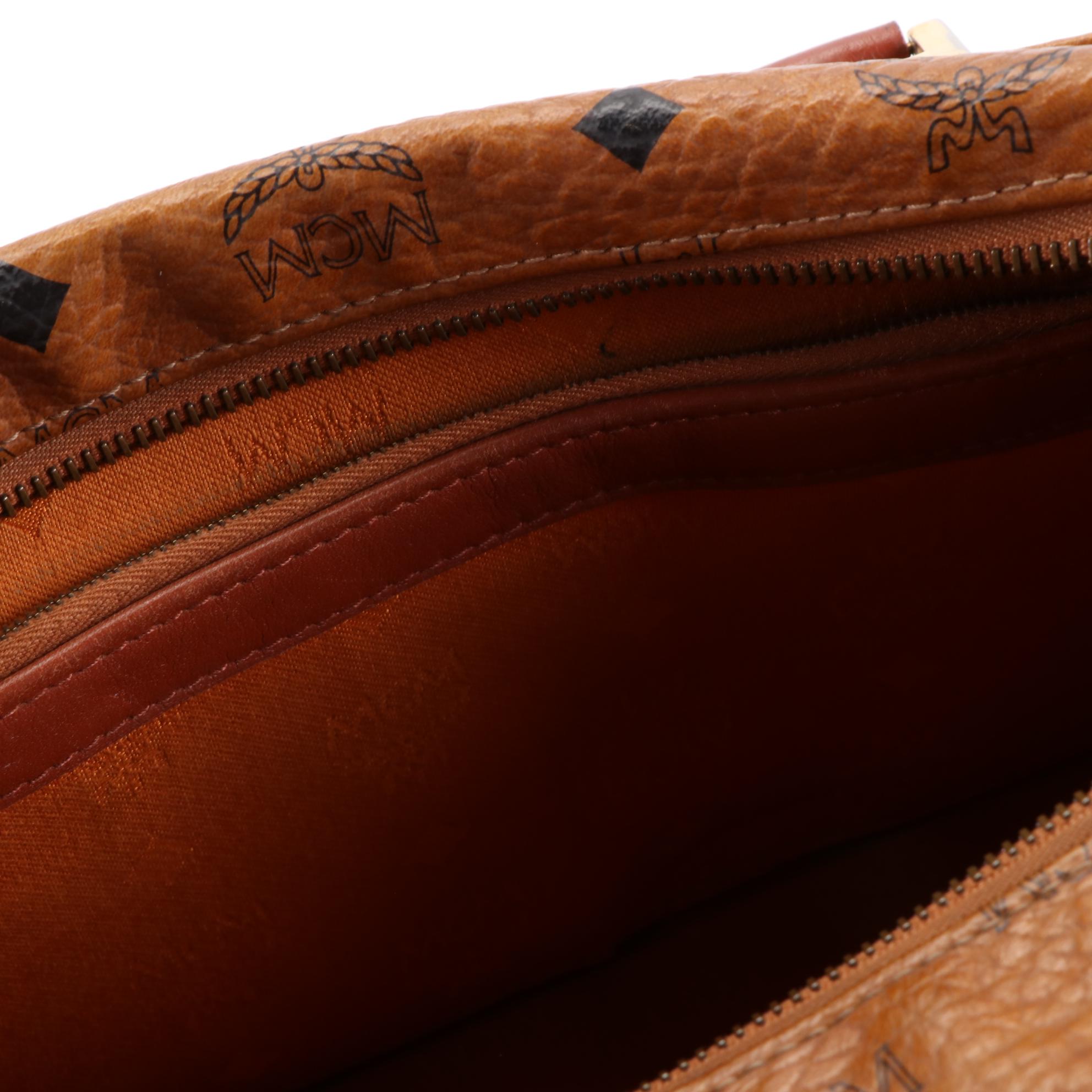 MCM Small Boston Bag in Cognac Monogram Visetos Canvas and Leather