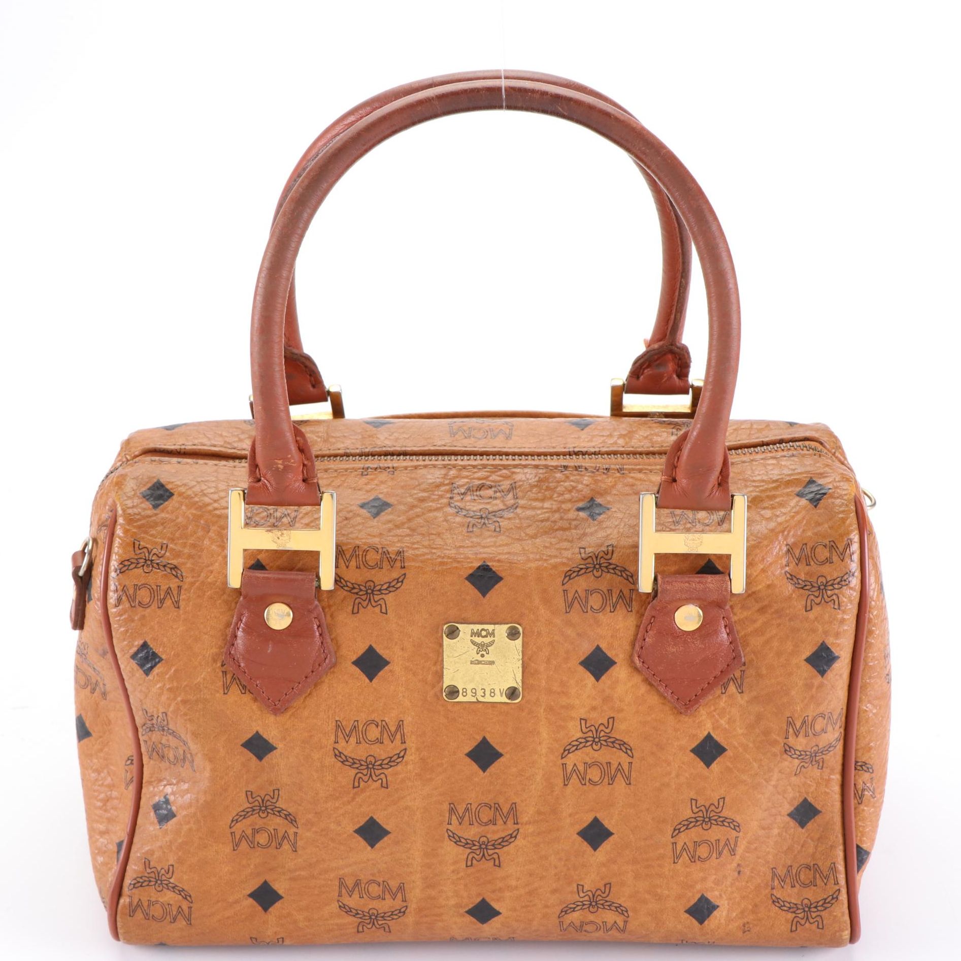 MCM Small Boston Bag in Cognac Monogram Visetos Canvas and Leather