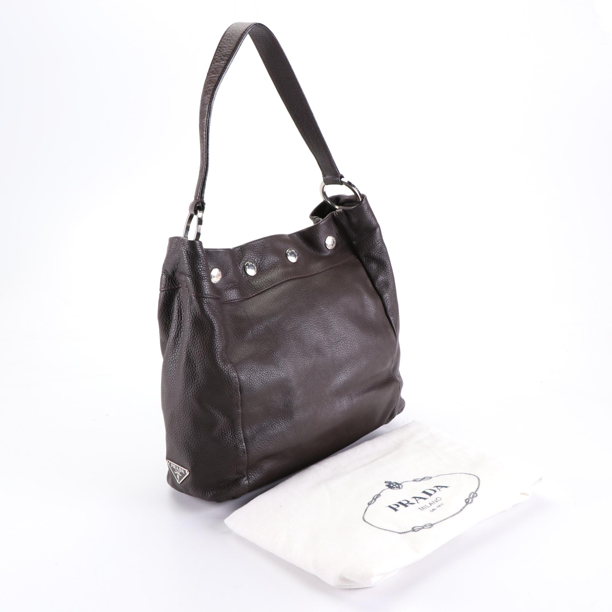 Prada Small Snap Shoulder Bag in Dark Brown Deerskin Leather