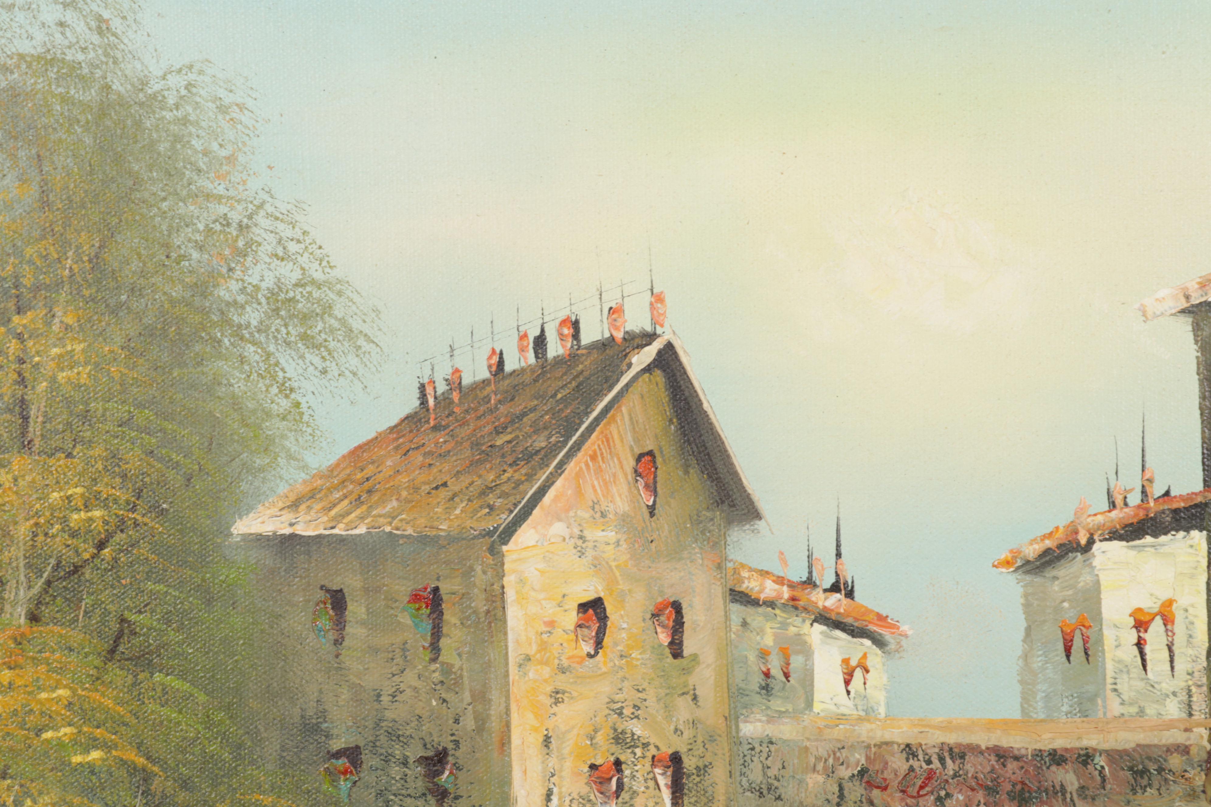 European Flower Market Scene Oil Painting, Mid-Late 20th Century