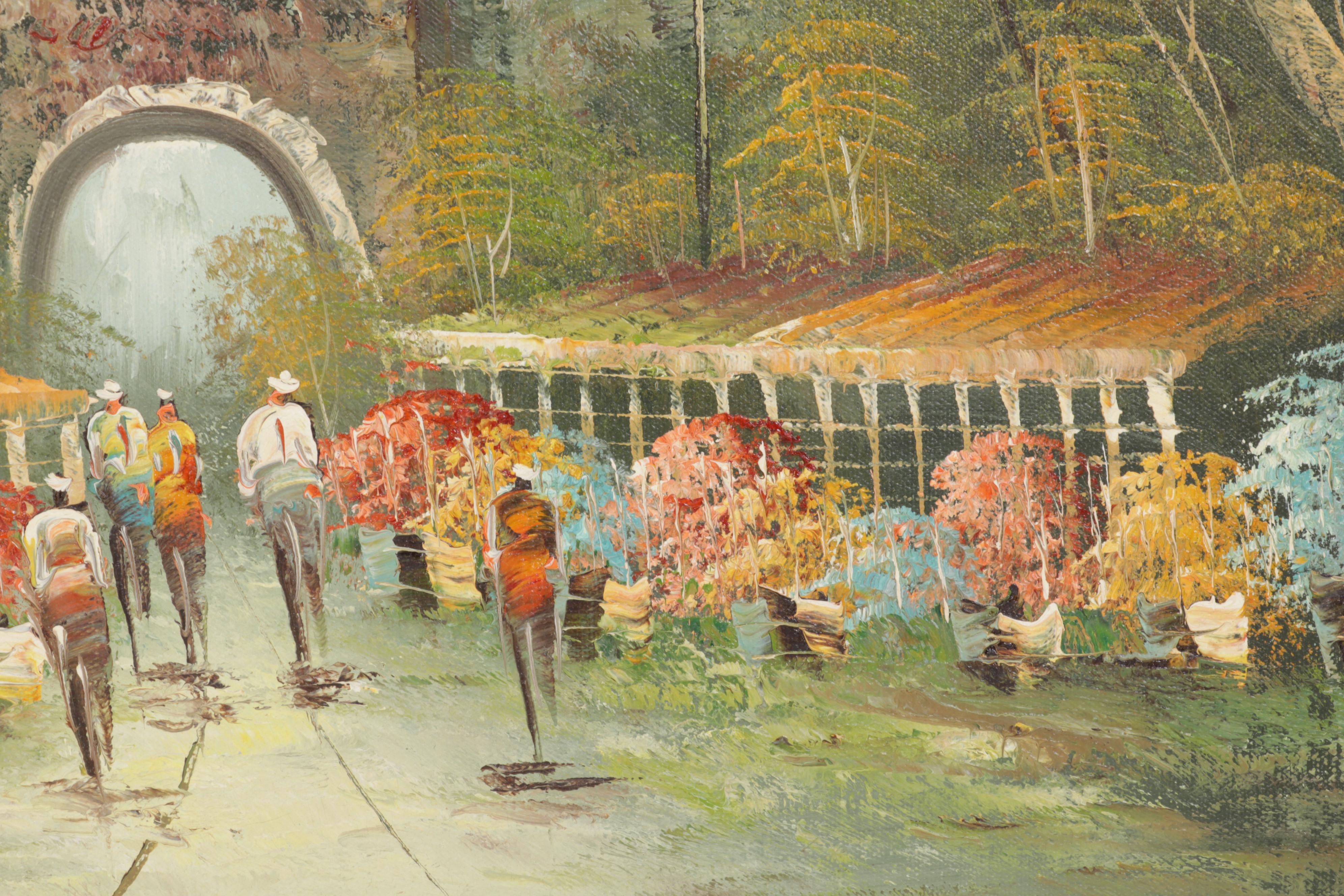 European Flower Market Scene Oil Painting, Mid-Late 20th Century