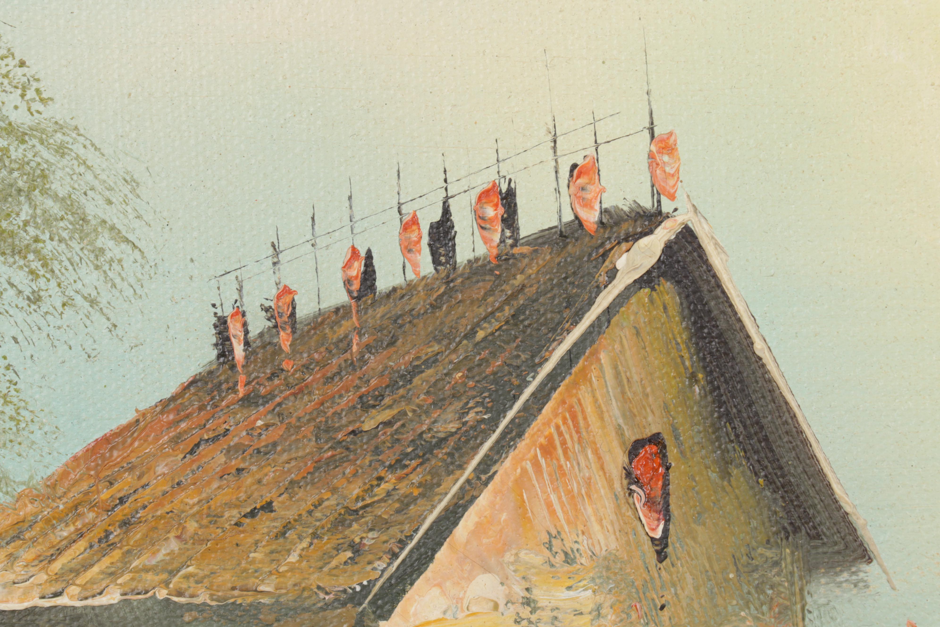 European Flower Market Scene Oil Painting, Mid-Late 20th Century