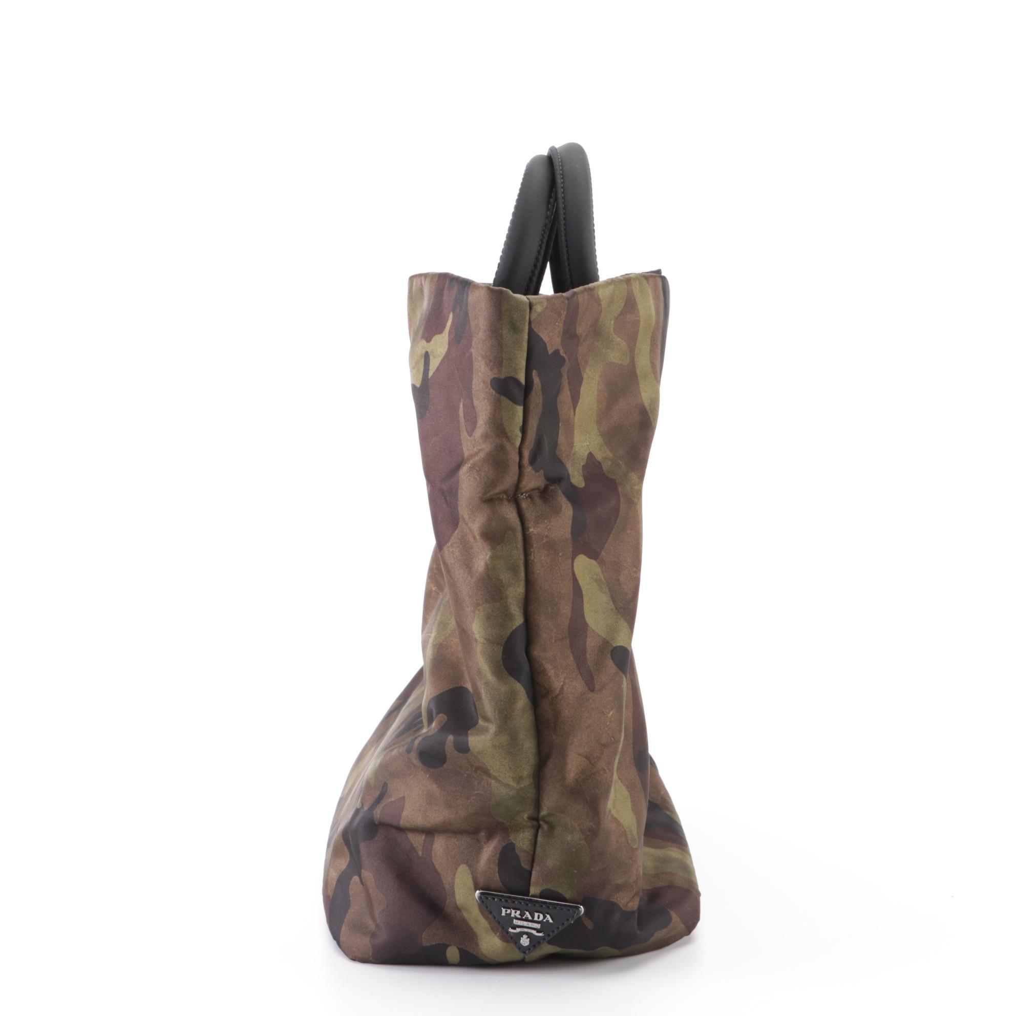 Prada Tote Bag in Camo Print/Black Nylon with Leather Trim