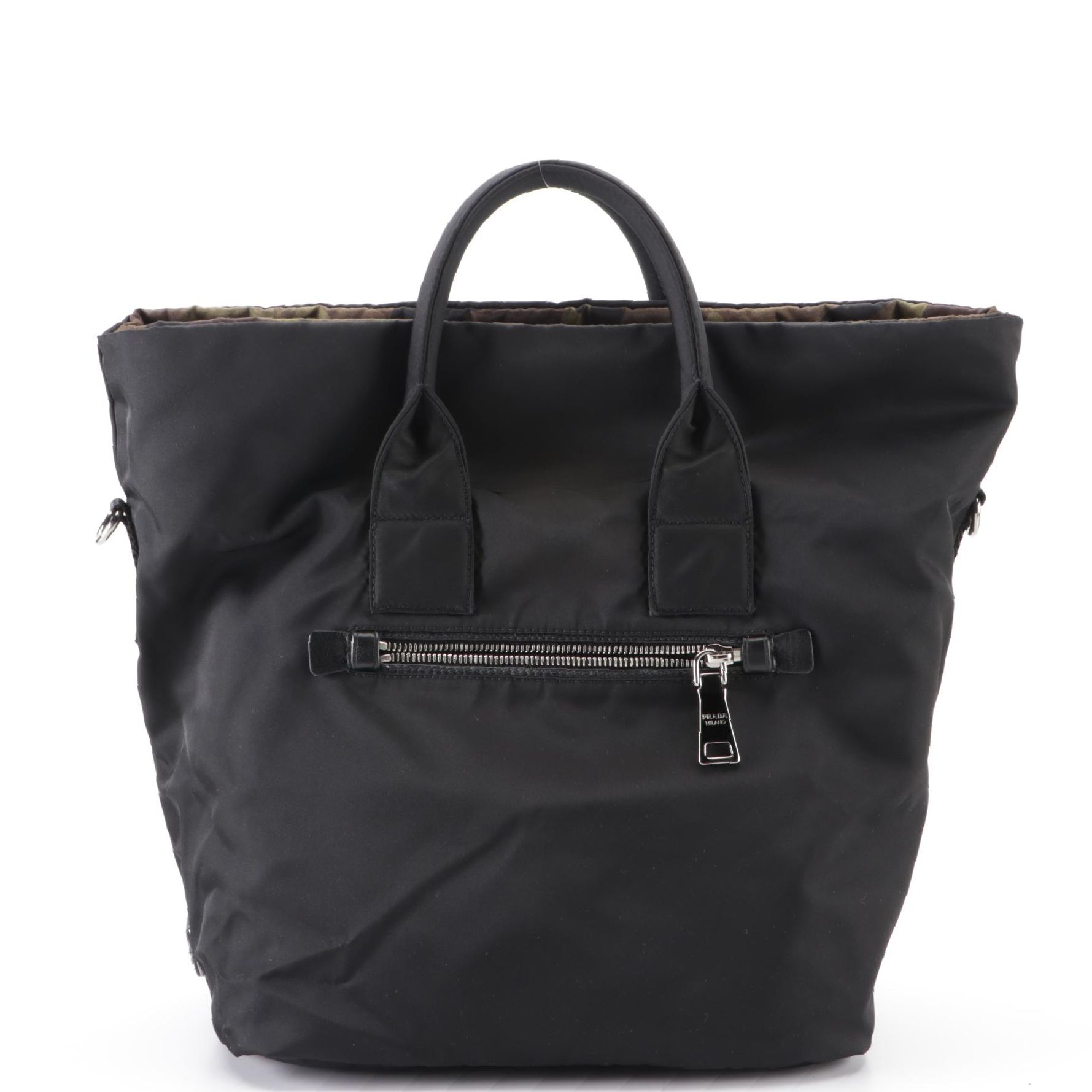 Prada Tote Bag in Camo Print/Black Nylon with Leather Trim