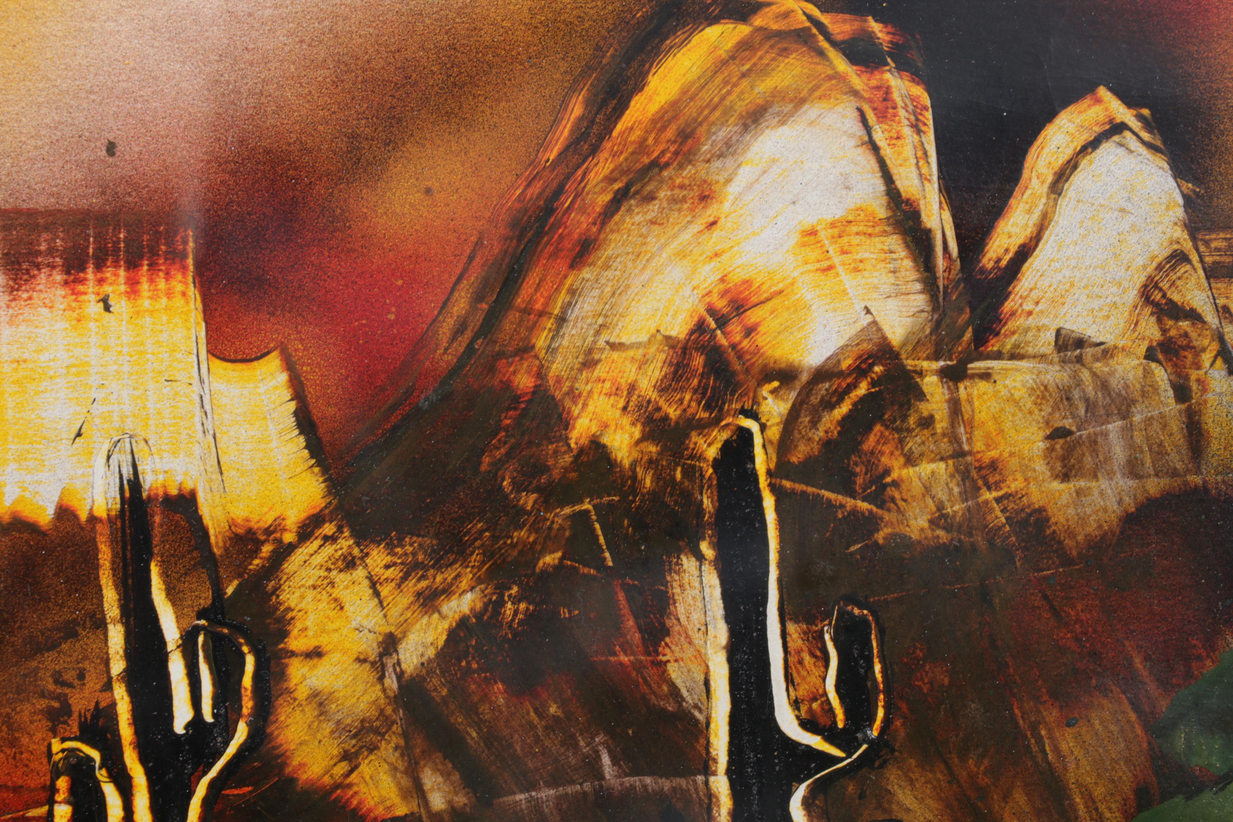 Folk Art Acrylic Painting of Southwestern Landscape With Cacti