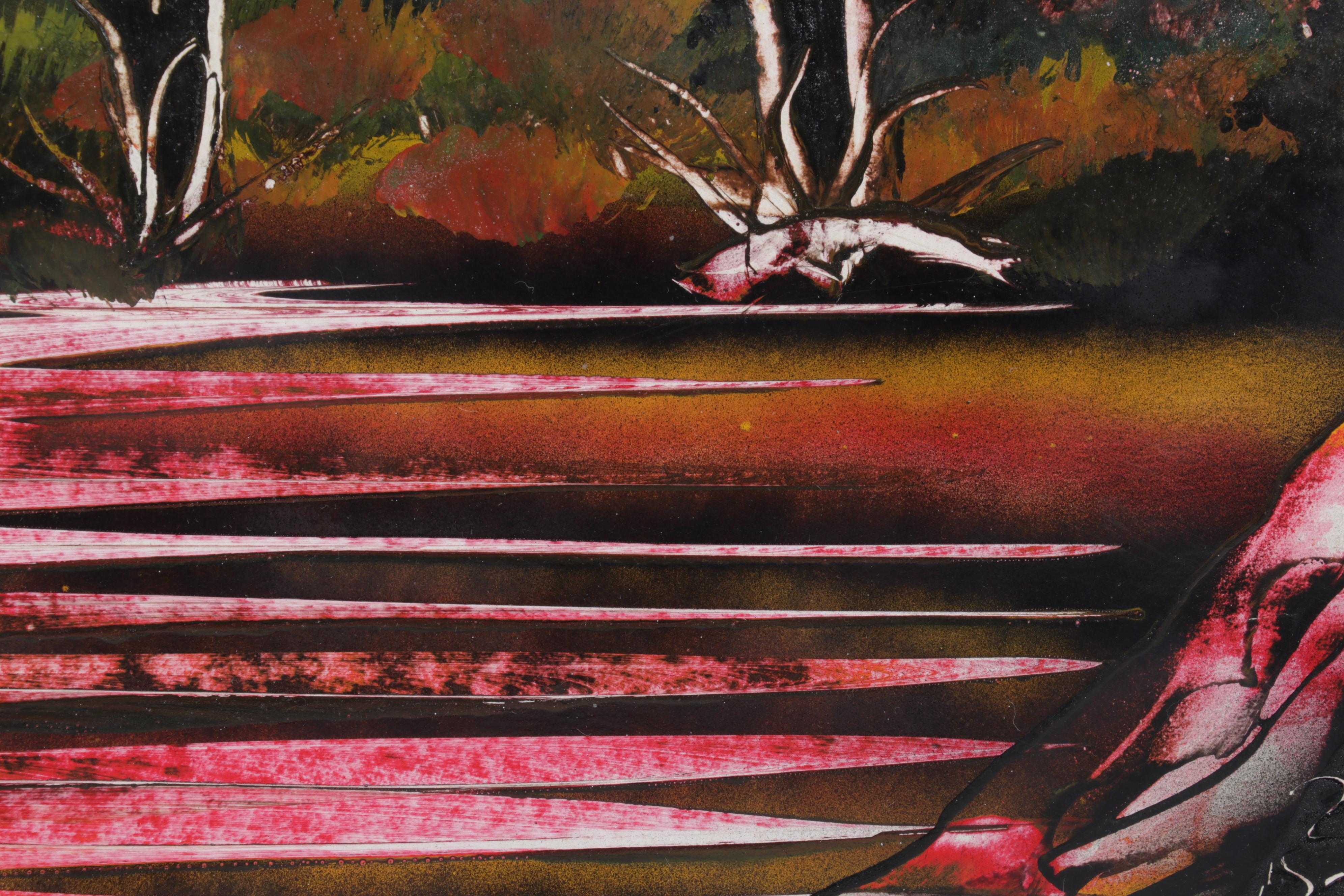 Folk Art Acrylic Painting of Southwestern Landscape With Cacti