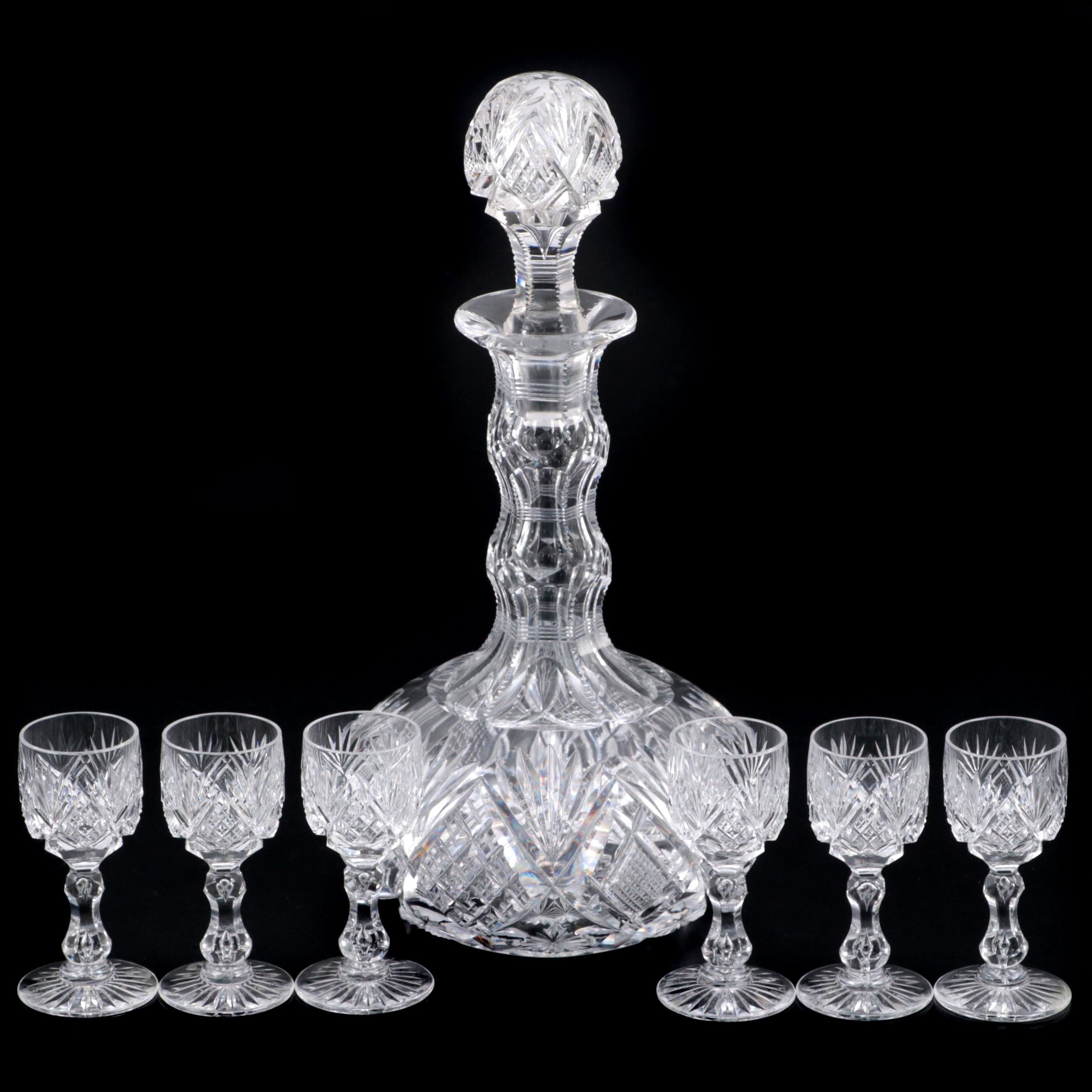 Libbey "Harvard" American Brilliant Cut Glass Decanter and Cordial Glasses