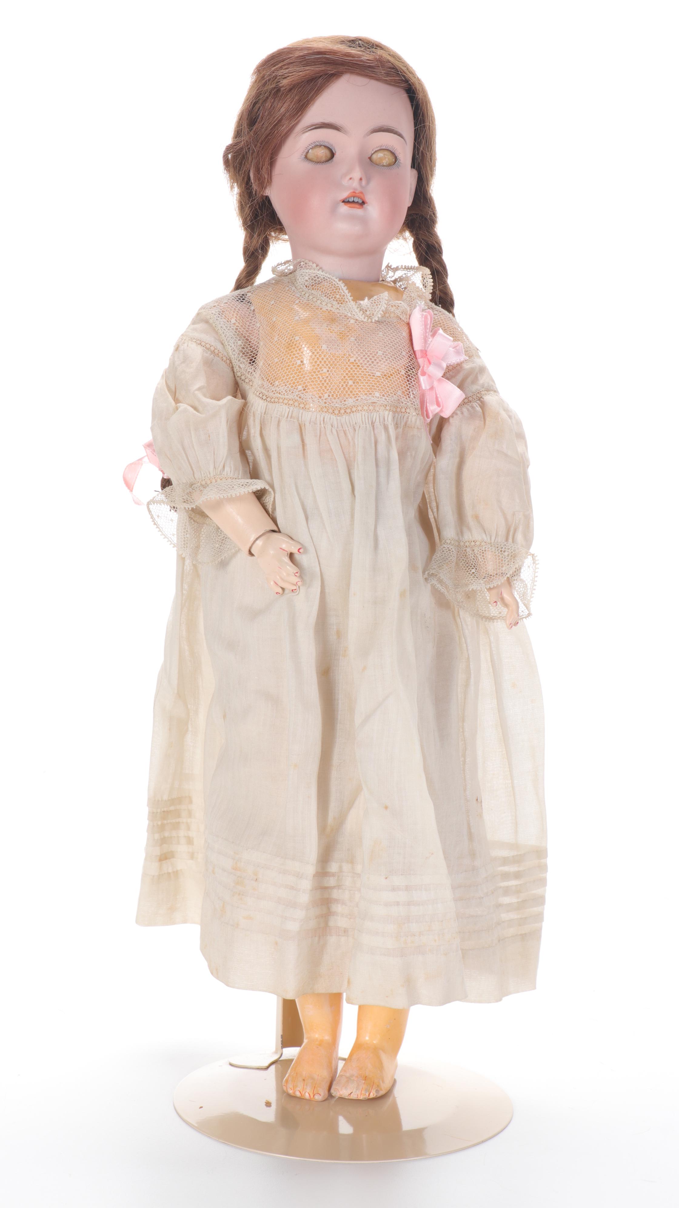 German Porcelain Girl Dolls with Original Trunk and Clothing and Accessories