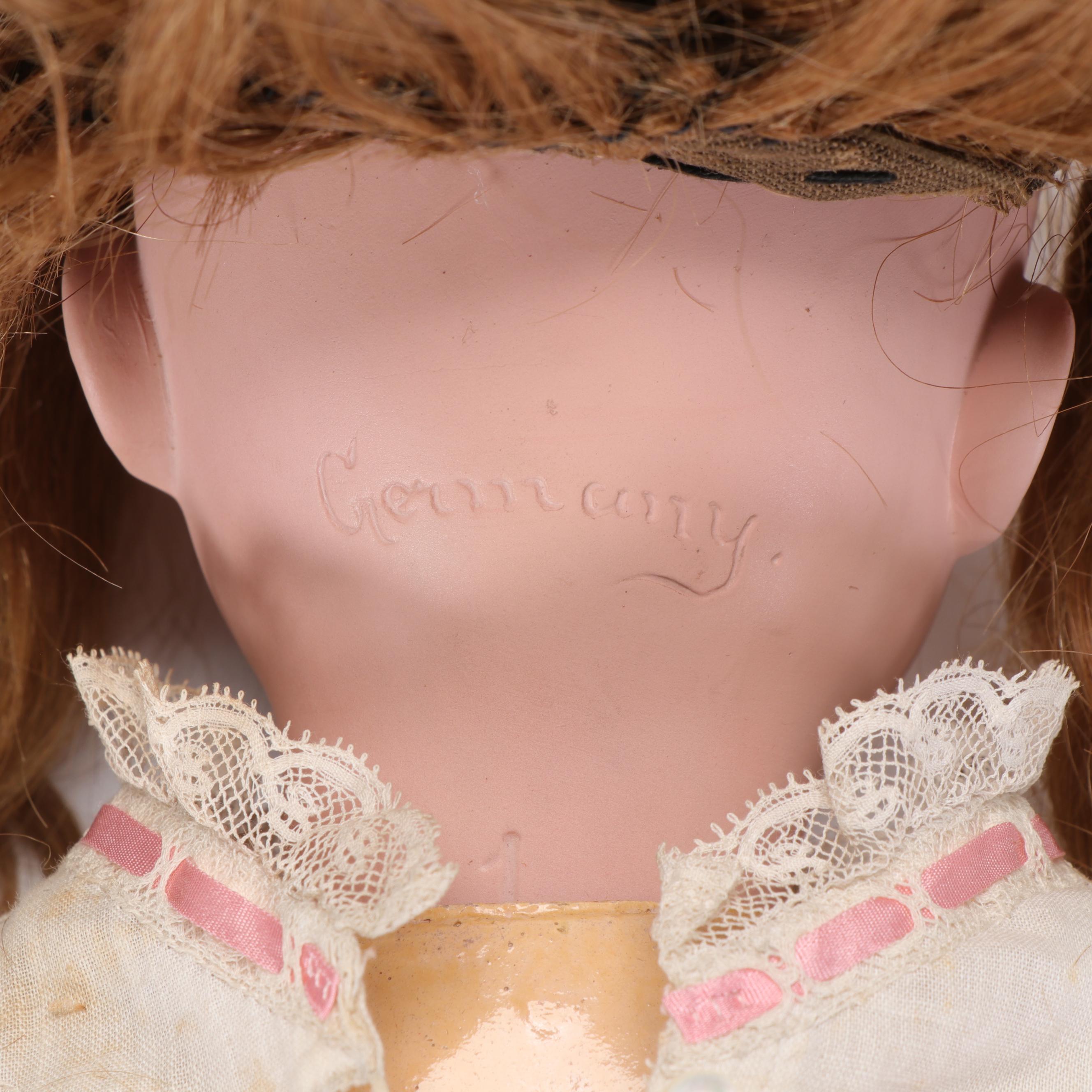 German Porcelain Girl Dolls with Original Trunk and Clothing and Accessories