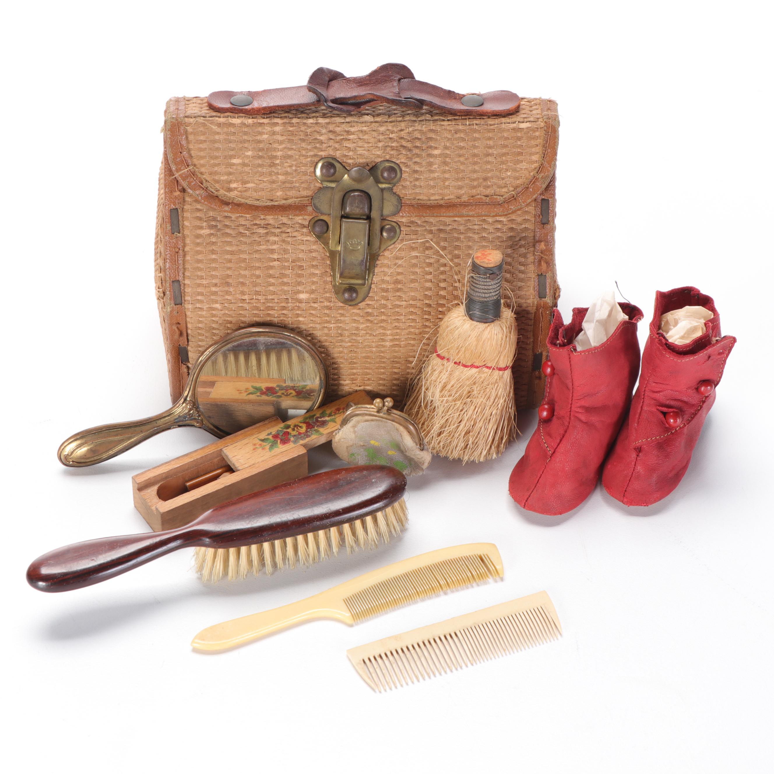 German Porcelain Girl Dolls with Original Trunk and Clothing and Accessories