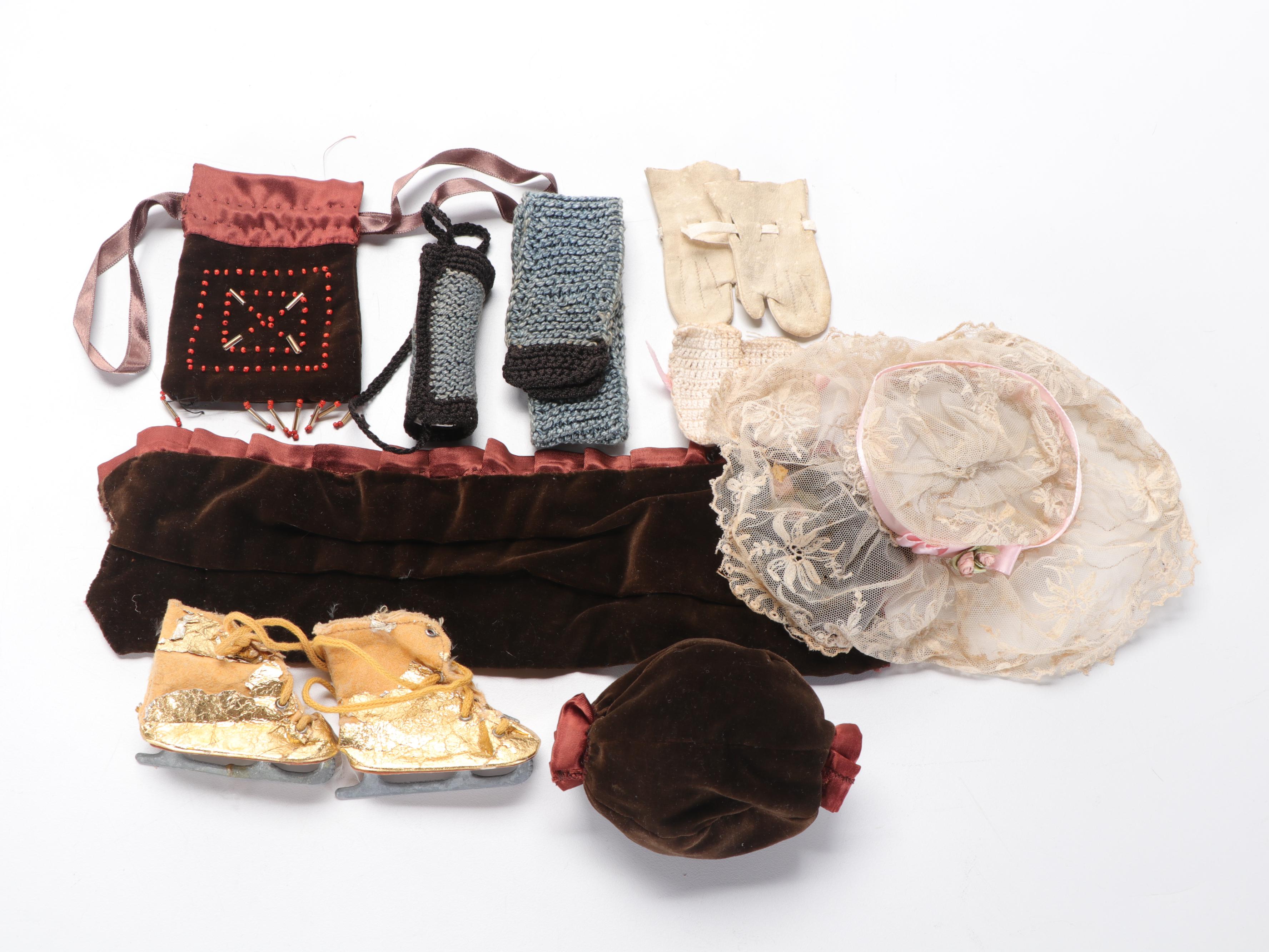 German Porcelain Girl Dolls with Original Trunk and Clothing and Accessories