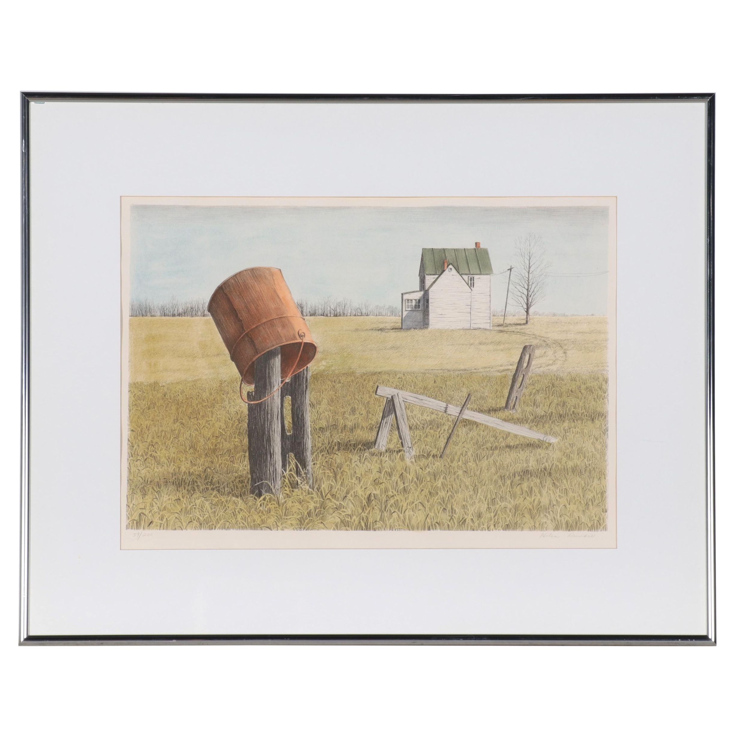 Helen Rundell Rural Landscape Lithograph of Farmhouse