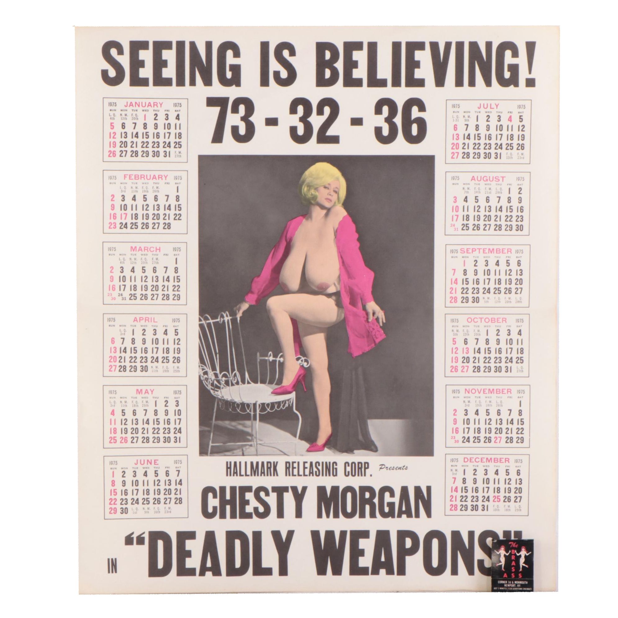1975 Pinup Calendar Featuring Chesty Morgan "Deadly Weapons"