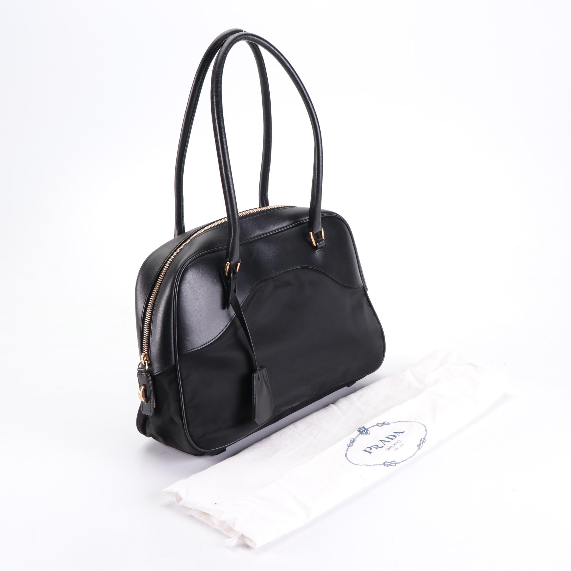 Prada Small Domed Shoulder Bag in Black Nylon Gabardine and Smooth Leather