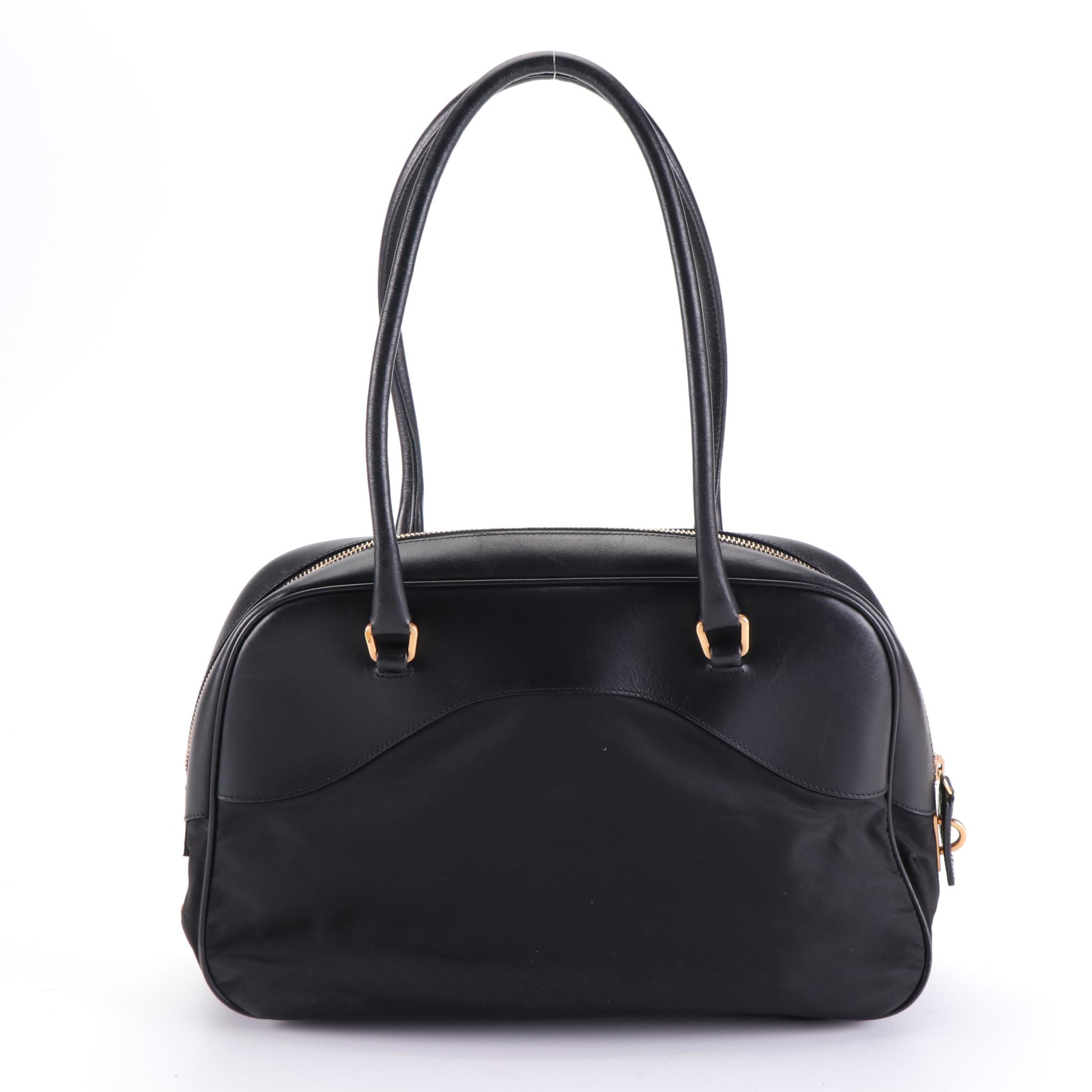 Prada Small Domed Shoulder Bag in Black Nylon Gabardine and Smooth Leather