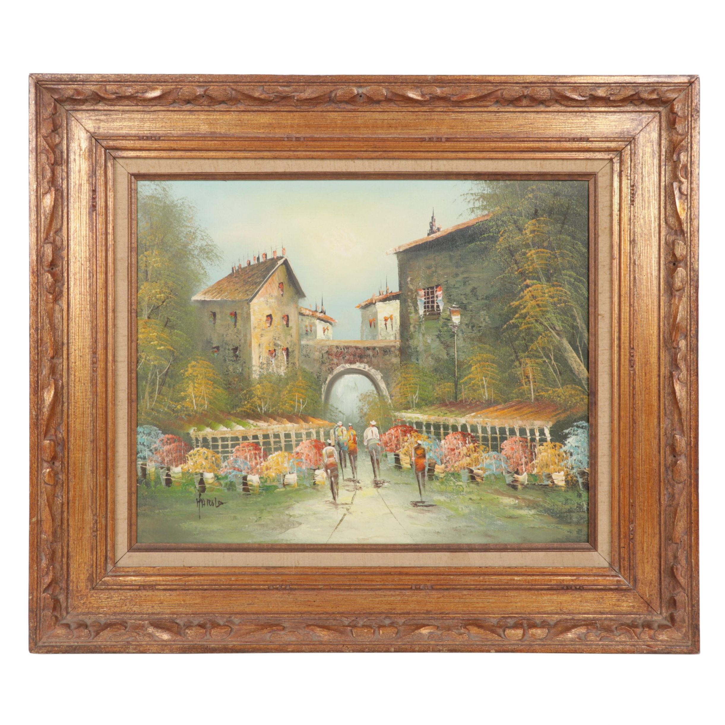 European Flower Market Scene Oil Painting, Mid-Late 20th Century