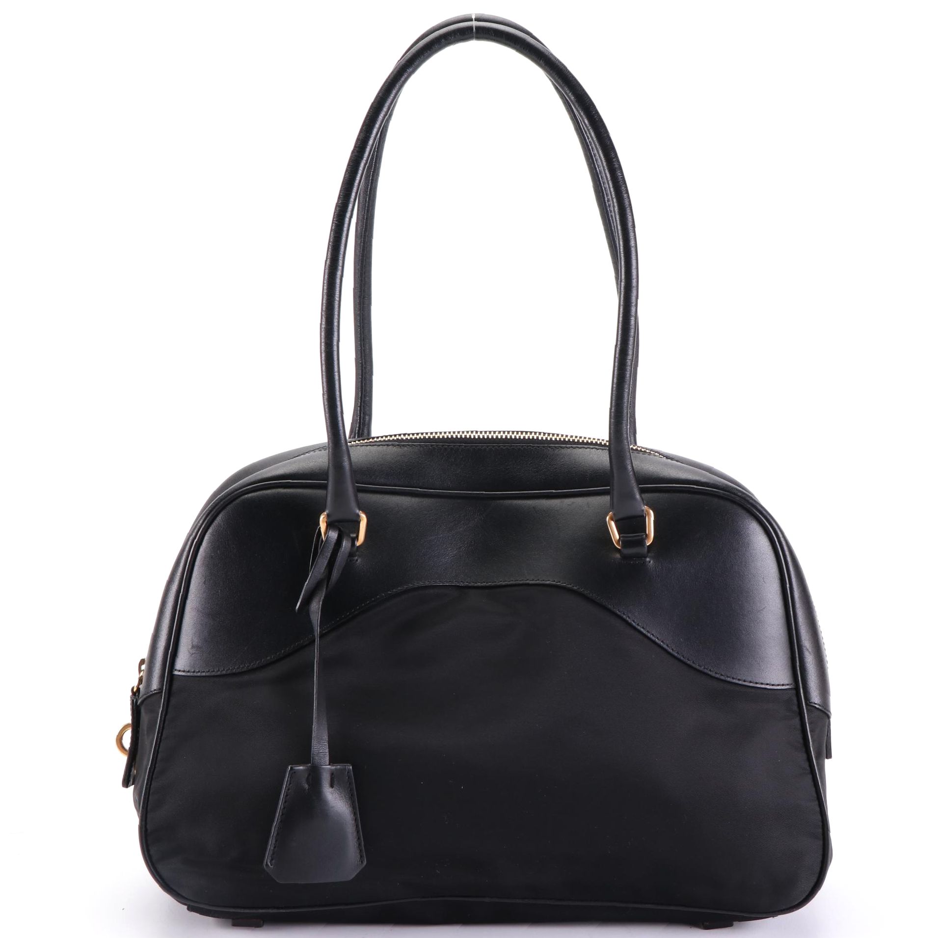Prada Small Domed Shoulder Bag in Black Nylon Gabardine and Smooth Leather