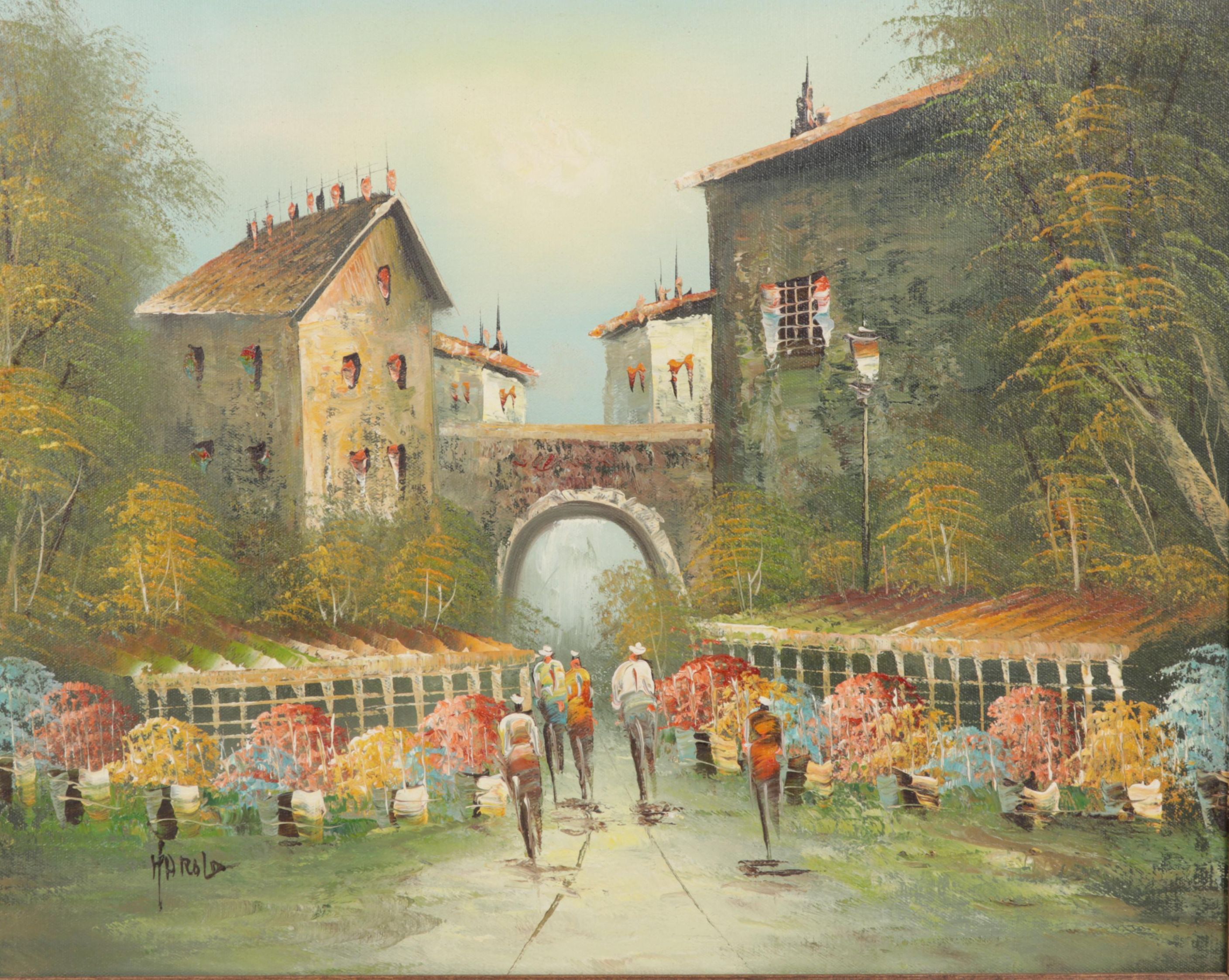 European Flower Market Scene Oil Painting, Mid-Late 20th Century