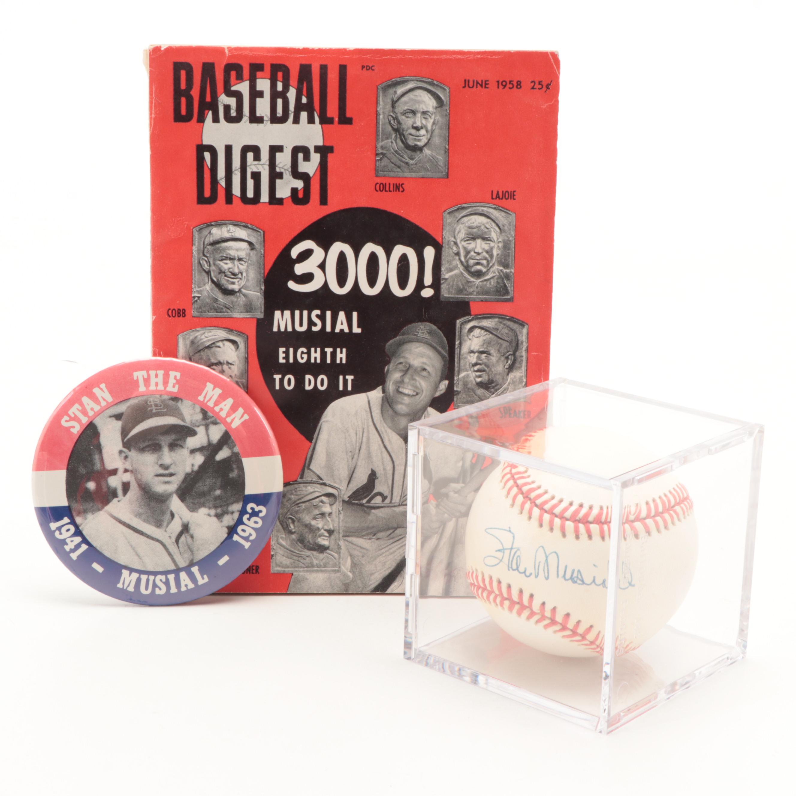 Stan Musial Signed Rawlings Baseball, 3000th Hit Edition Baseball Digest and Pin