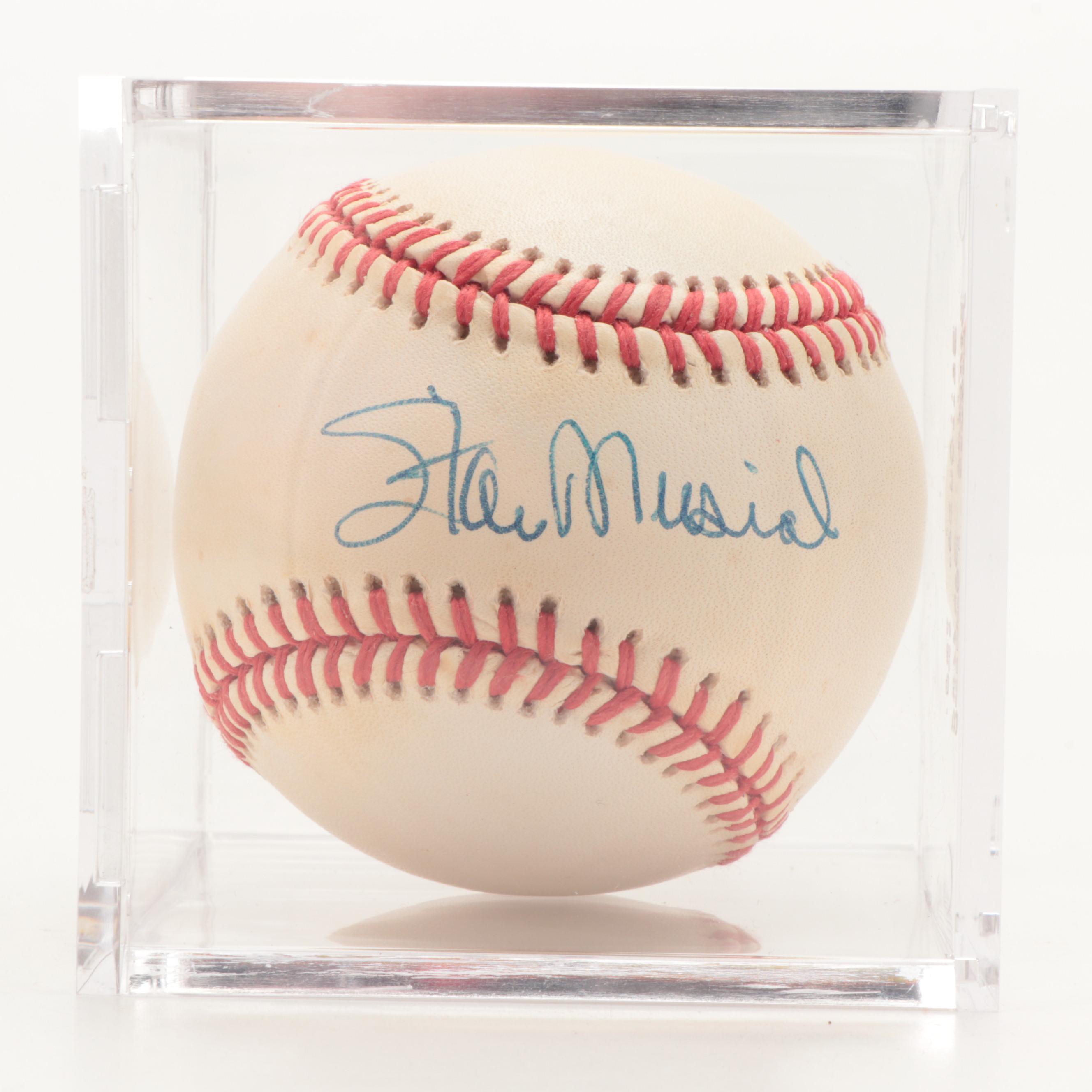 Stan Musial Signed Rawlings Baseball, 3000th Hit Edition Baseball Digest and Pin